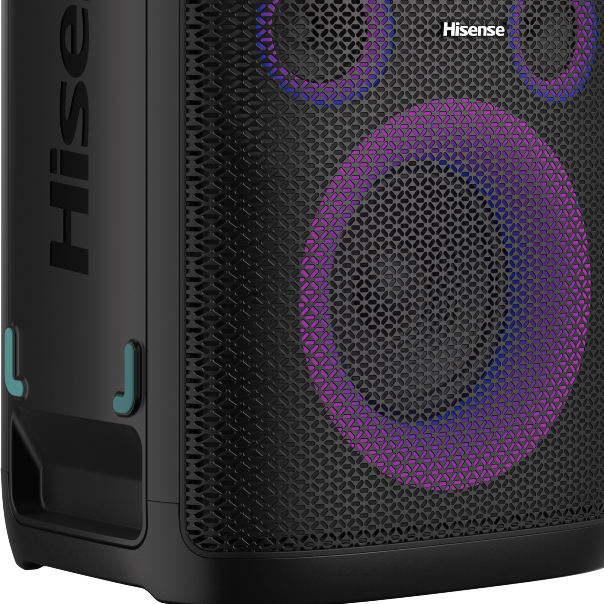 Schwarzer Lautsprecher mit Lautsprechergitter, Hisense-Logo und farbigen Lichtern.