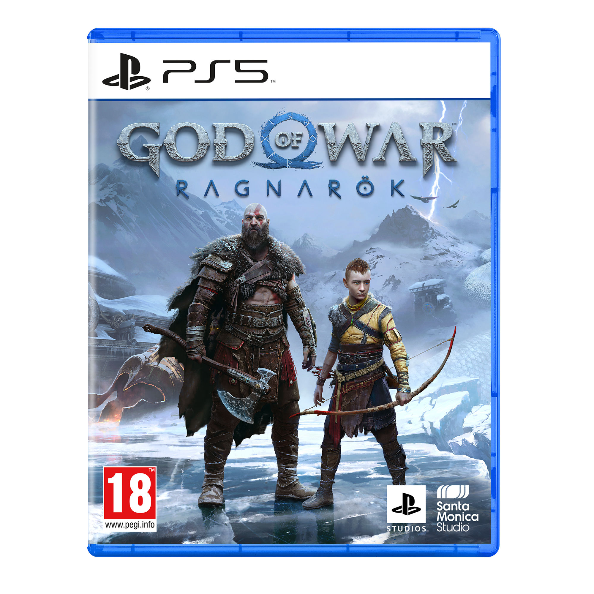 Custodia del gioco PS5 per God of War: Ragnarök, con due personaggi con armi e uno sfondo innevato.