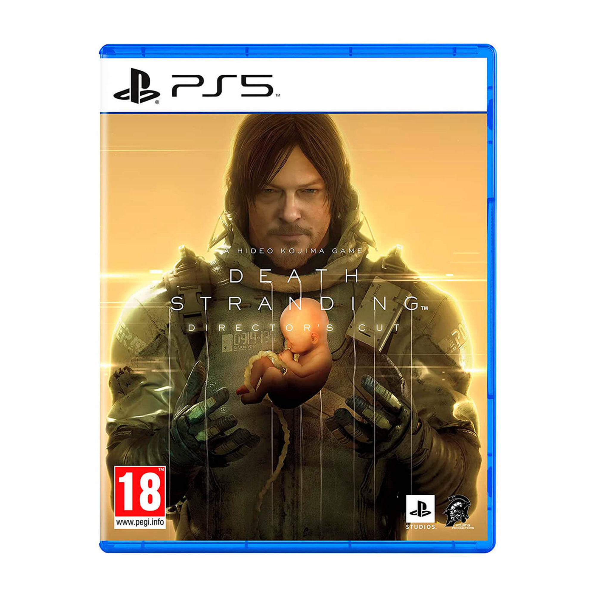 Portada del juego PS5 Death Stranding Director's Cut. Norman Reedus sostiene un bebé.