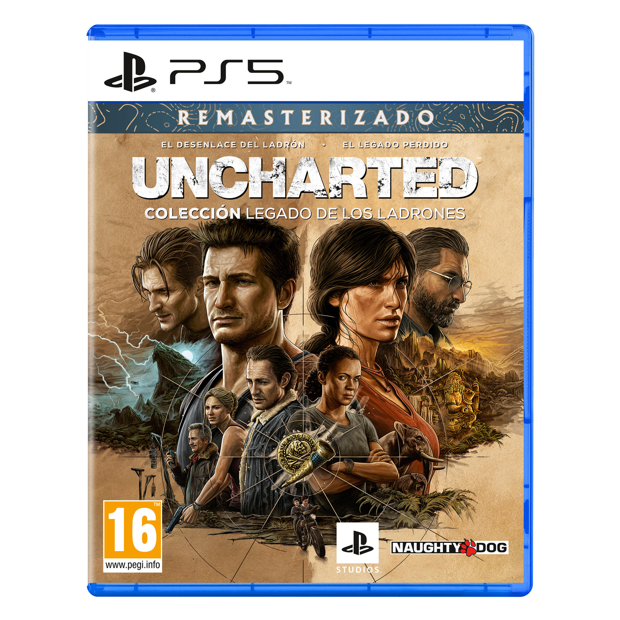 Uncharted: Collezione per PS5 con personaggi, giungla e tempio.