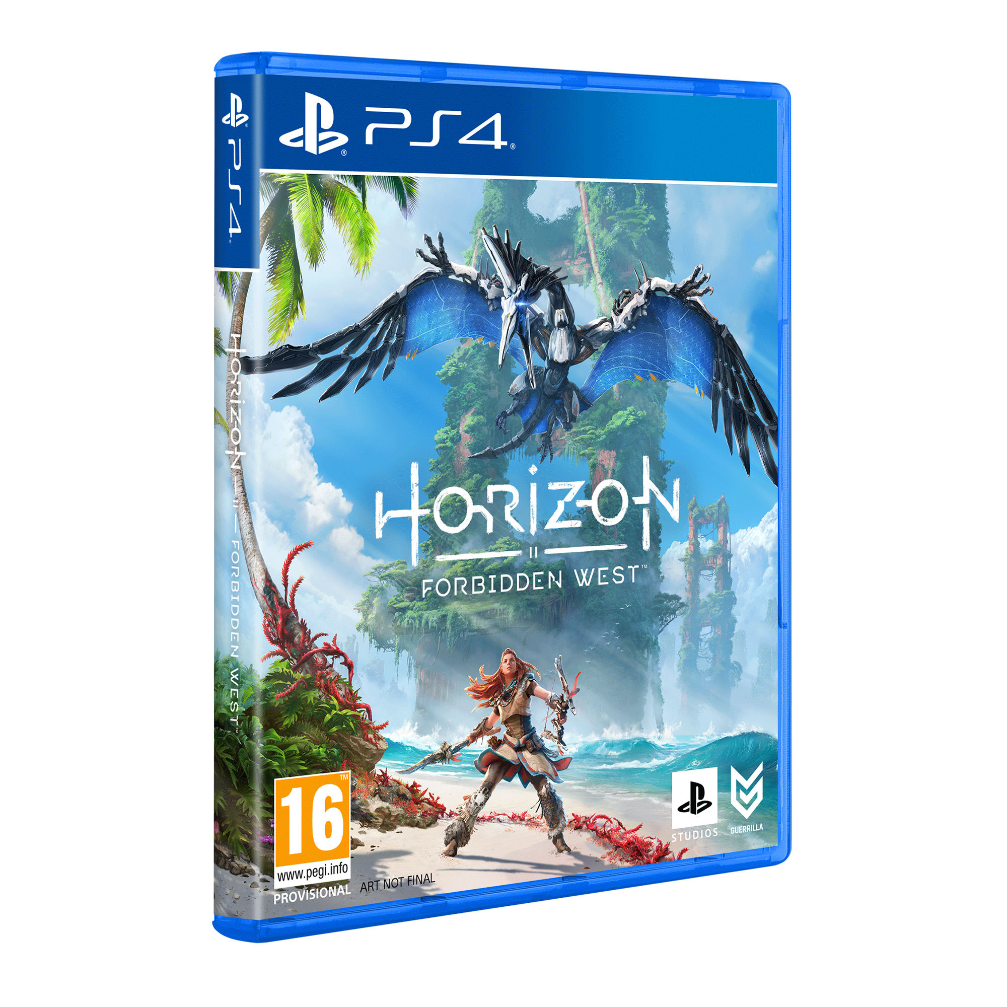 Caja del juego Horizon Forbidden West para PS4. Muestra una mujer con arco y flecha.