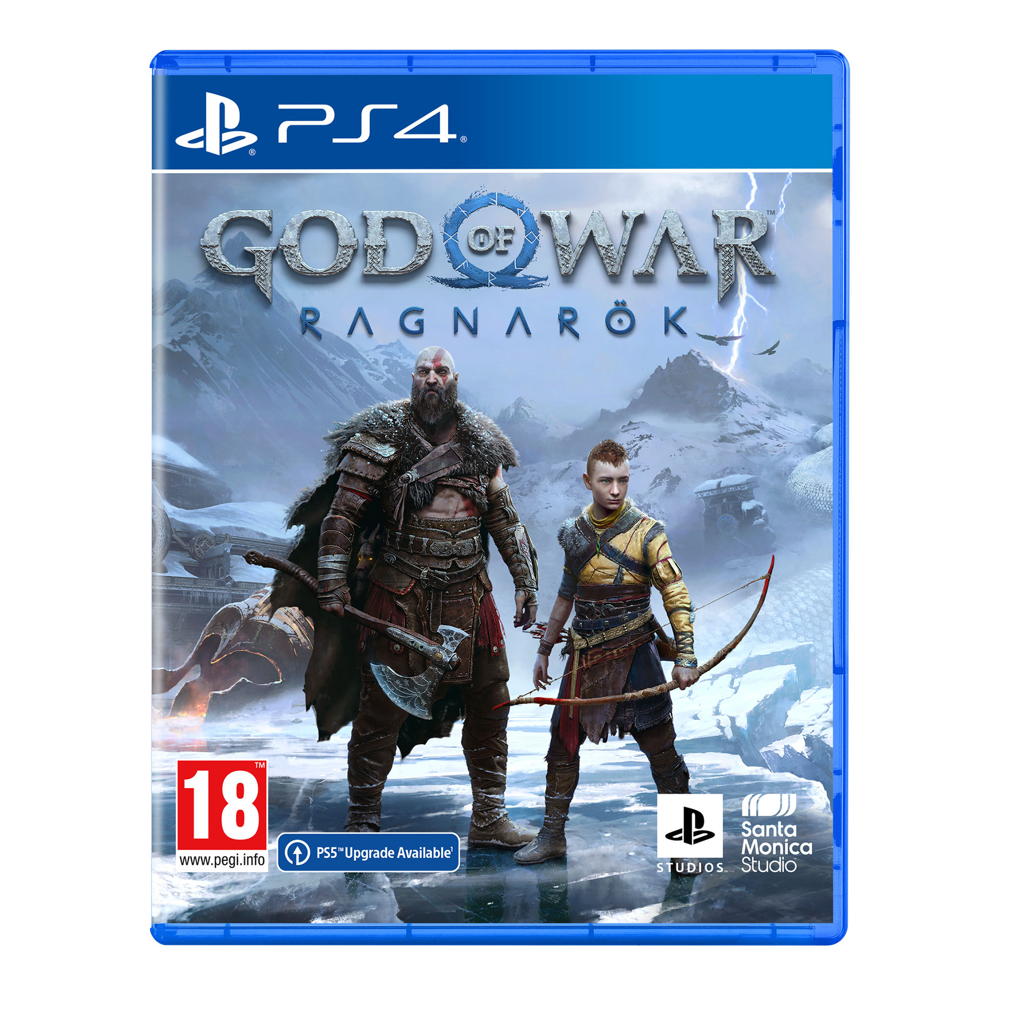 Copertina del gioco PS4 di God of War Ragnarök. Due personaggi sulla neve.