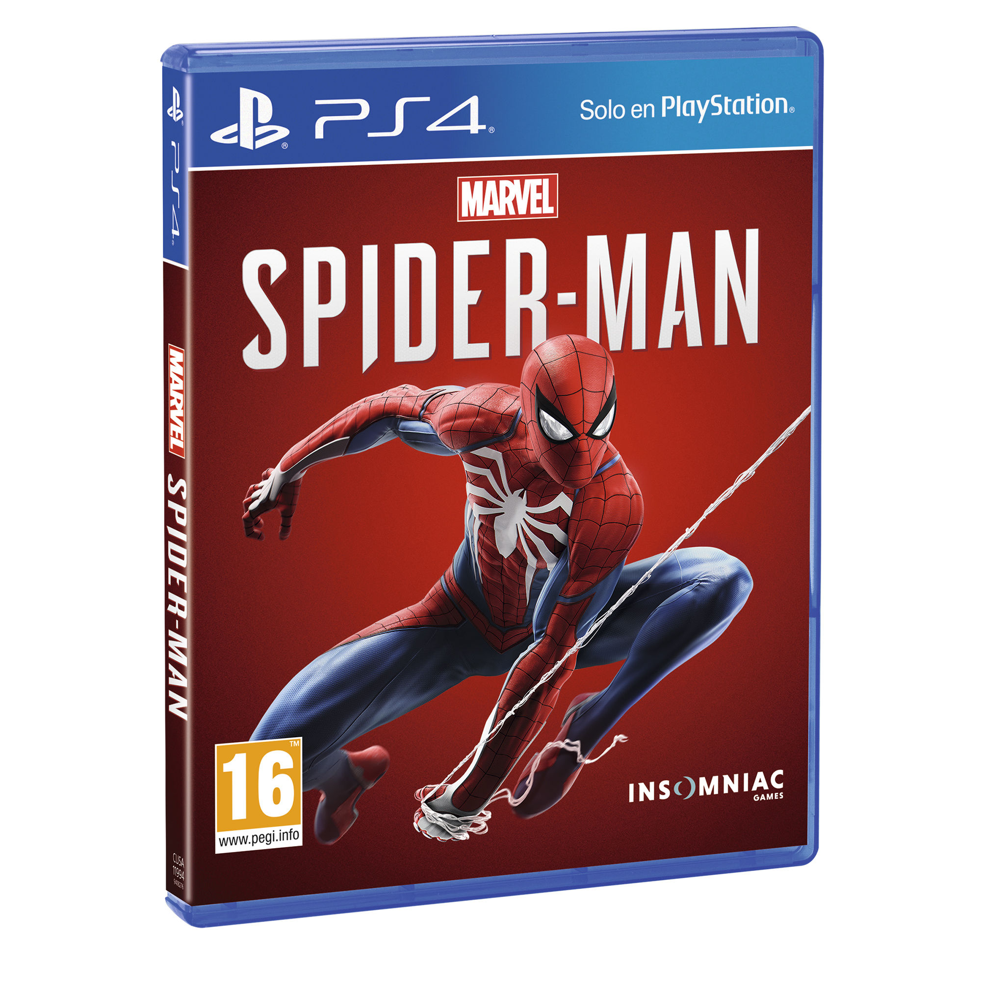 Caja del juego Spider-Man PS4 con Spider-Man balanceándose. Fondo rojo.
