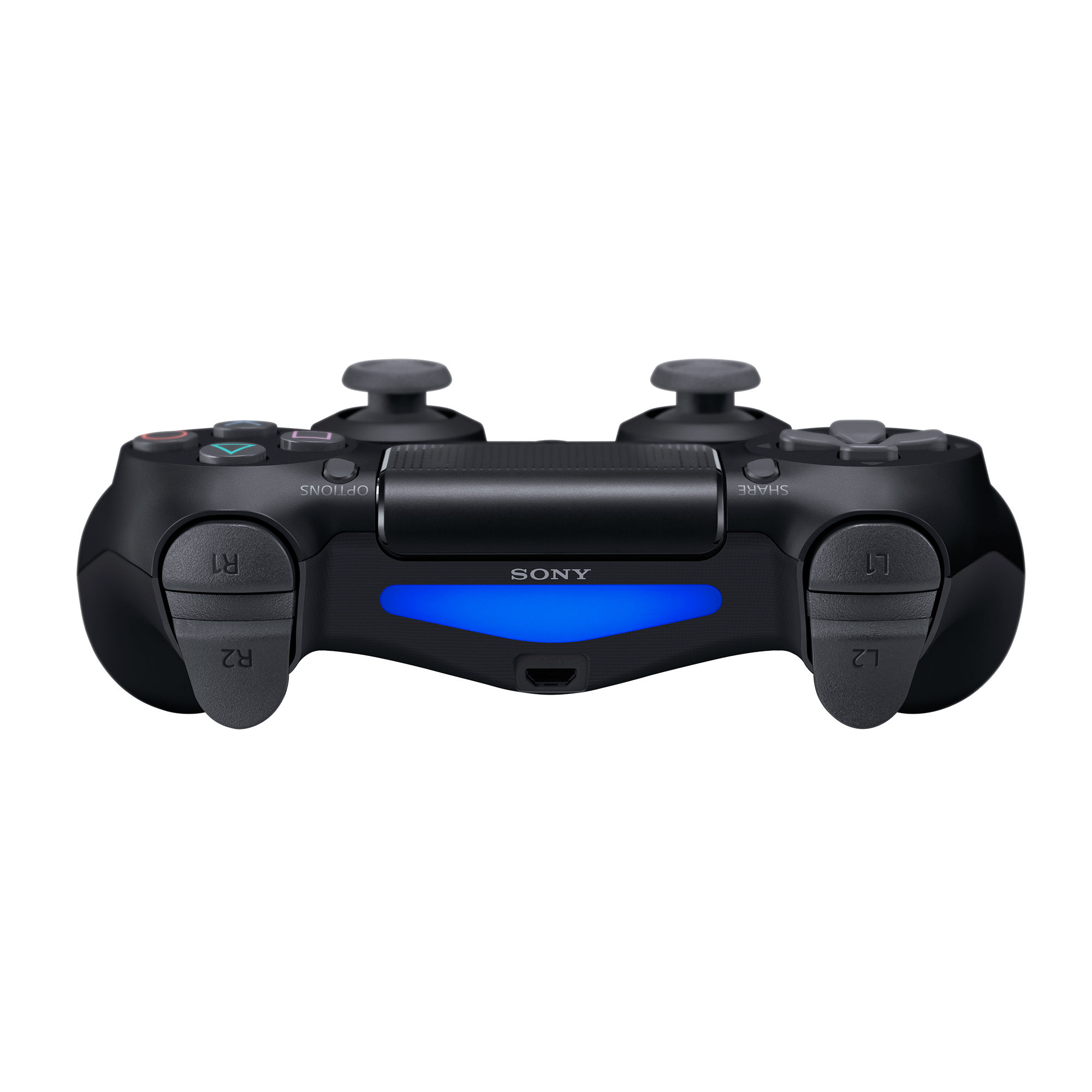 Un controlador PlayStation 4 negro con botones y joysticks. Tiene una luz azul. Fondo blanco.
