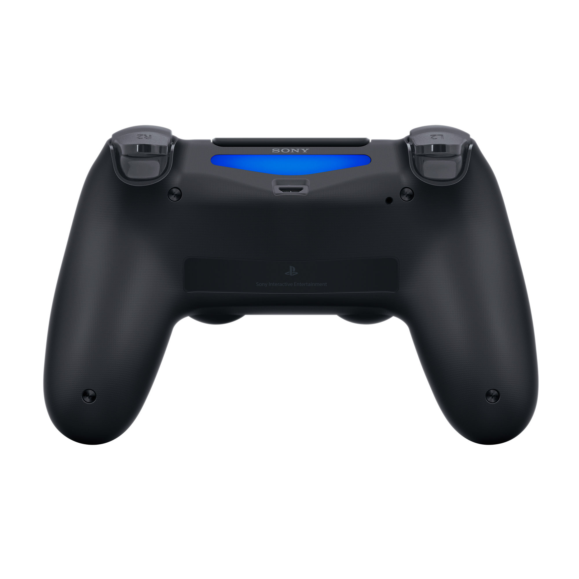 Mando negro de PlayStation 4, vista superior, con botones y luz azul.