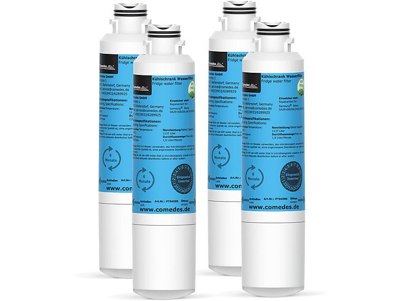 COMEDES 4er Set Comedes Wasserfilter passend für Samsung Kühlschränke Filterkartusche (53 mm)