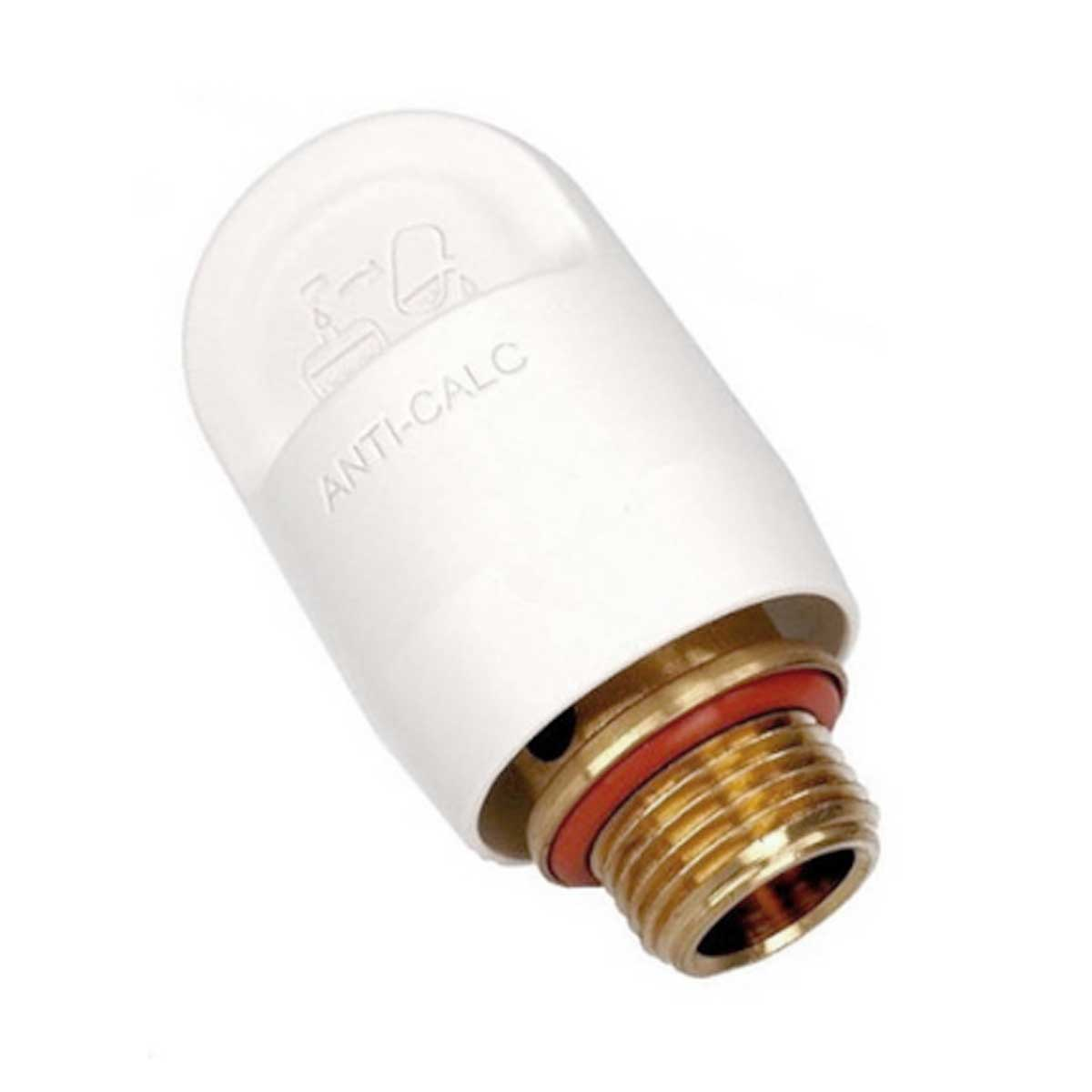 Dispositivo antical blanco con roscas doradas.