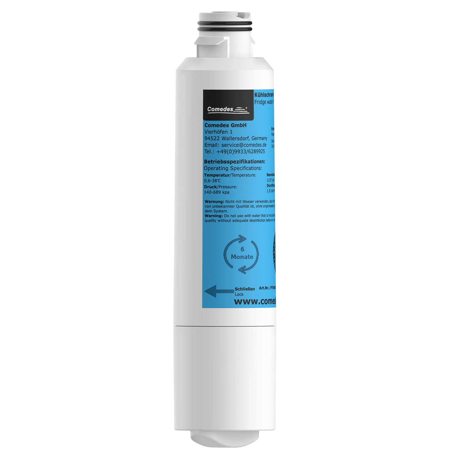 Weißer Wasserfilter mit Text, blauem Etikett und schwarzem Deckel. Text beinhaltet 