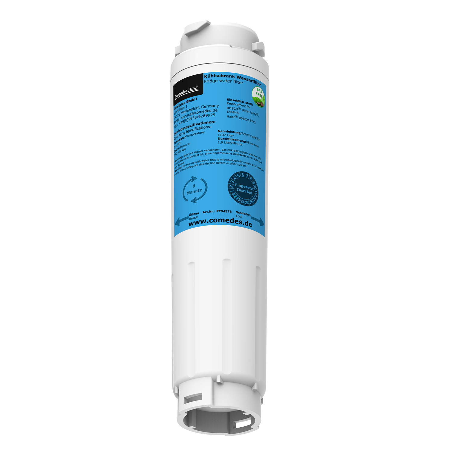 Ein weiß-blauer Wasserfilter mit Text, vor weißem Hintergrund.
