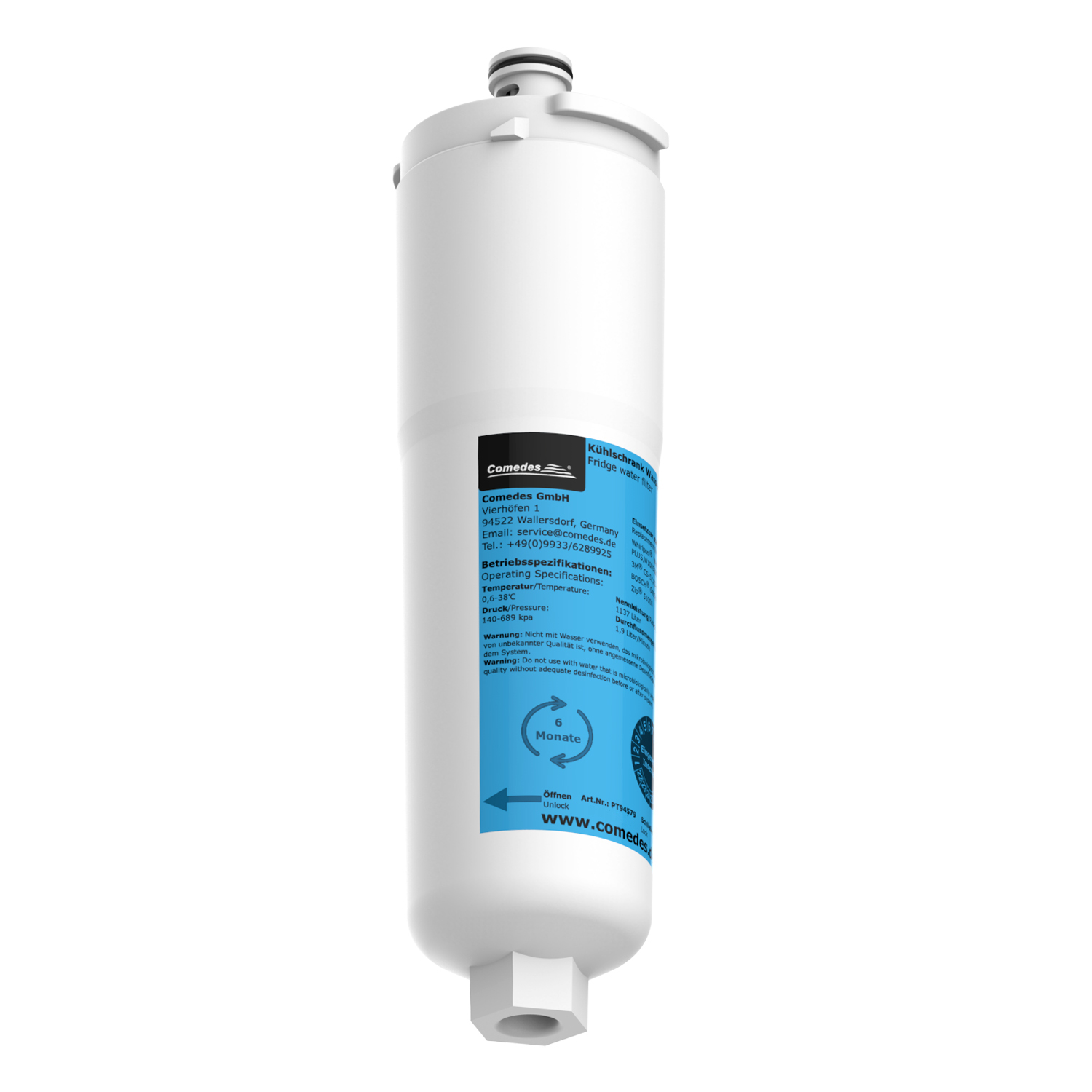 Ein weißer Wasserfilter. Zylindrisch mit Text. Blaues Etikett.