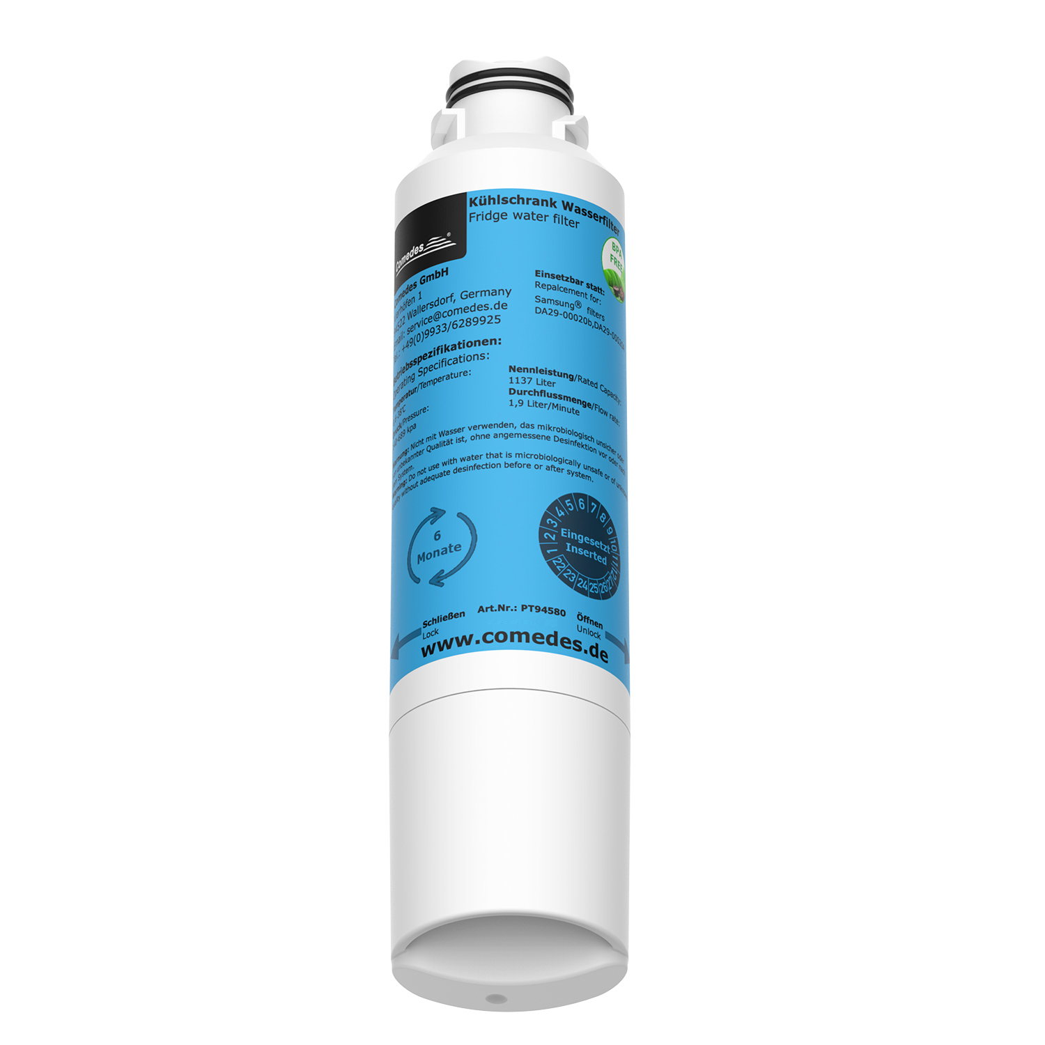 Ein weißer Kühlschrank-Wasserfilter mit Text und einem Datumswählrad.