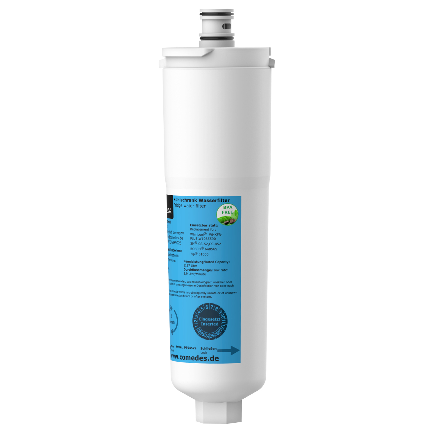 Weißer Wasserfilter mit blauem und grünem Etikett und schwarzem Drehknopf unten.