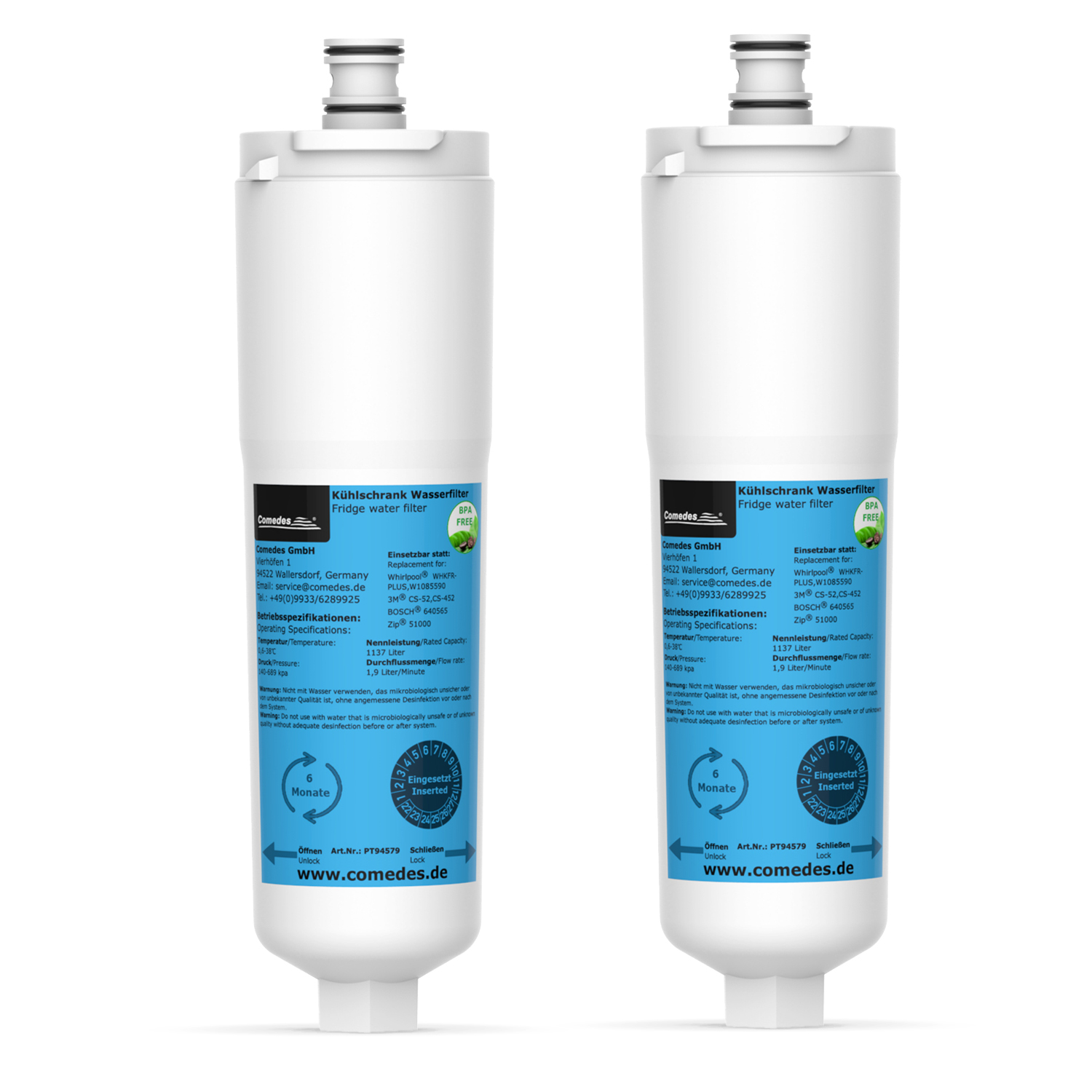 Zwei Kühlschrank-Wasserfilter mit Textetiketten und einem weißen und blauen Design.