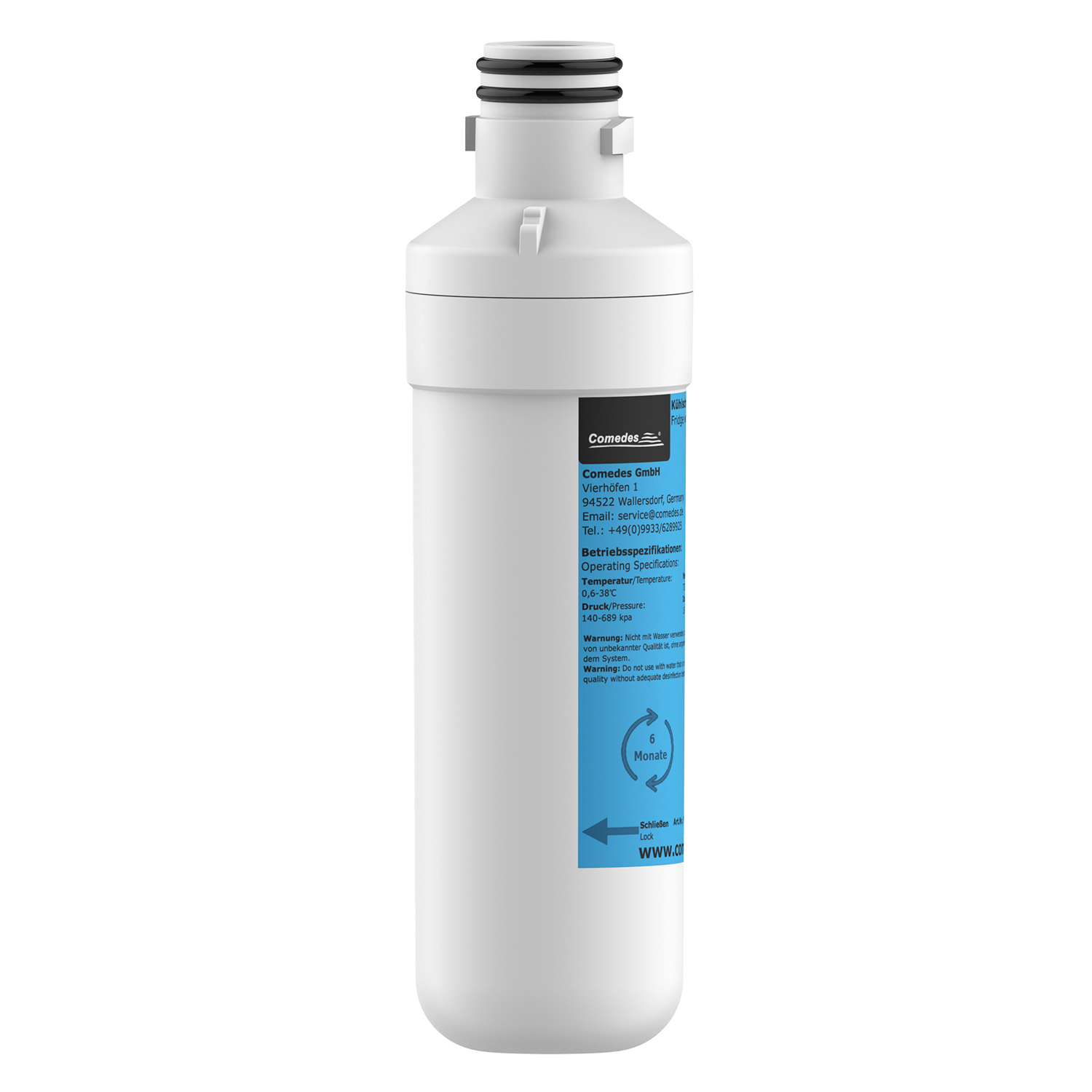 Weißer Wasserfilter. Blaues Etikett mit Text. Weißer Hintergrund.