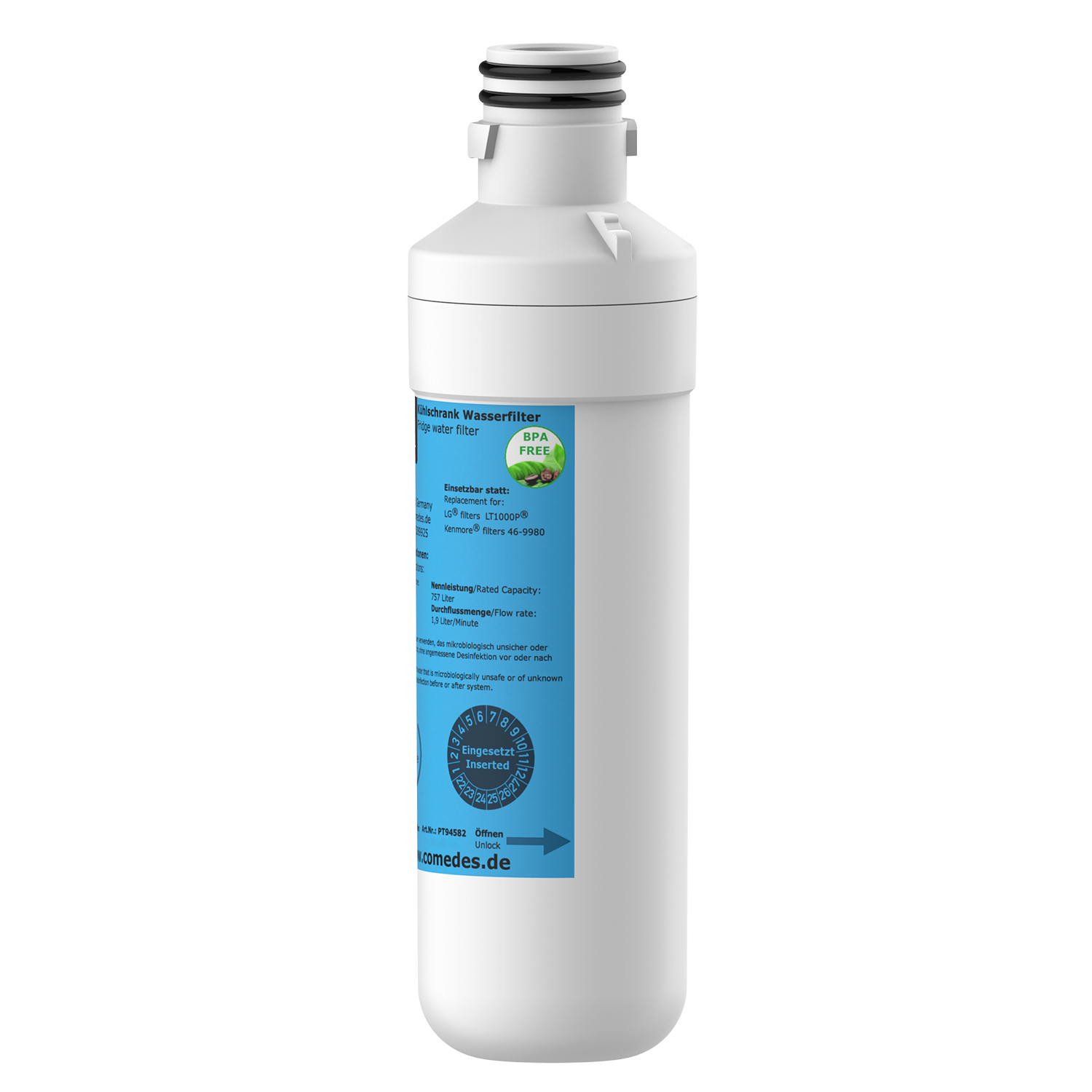 Weiße Wasserfilterkartusche mit blauen Details und Text. BPA-frei-Etikett enthalten.