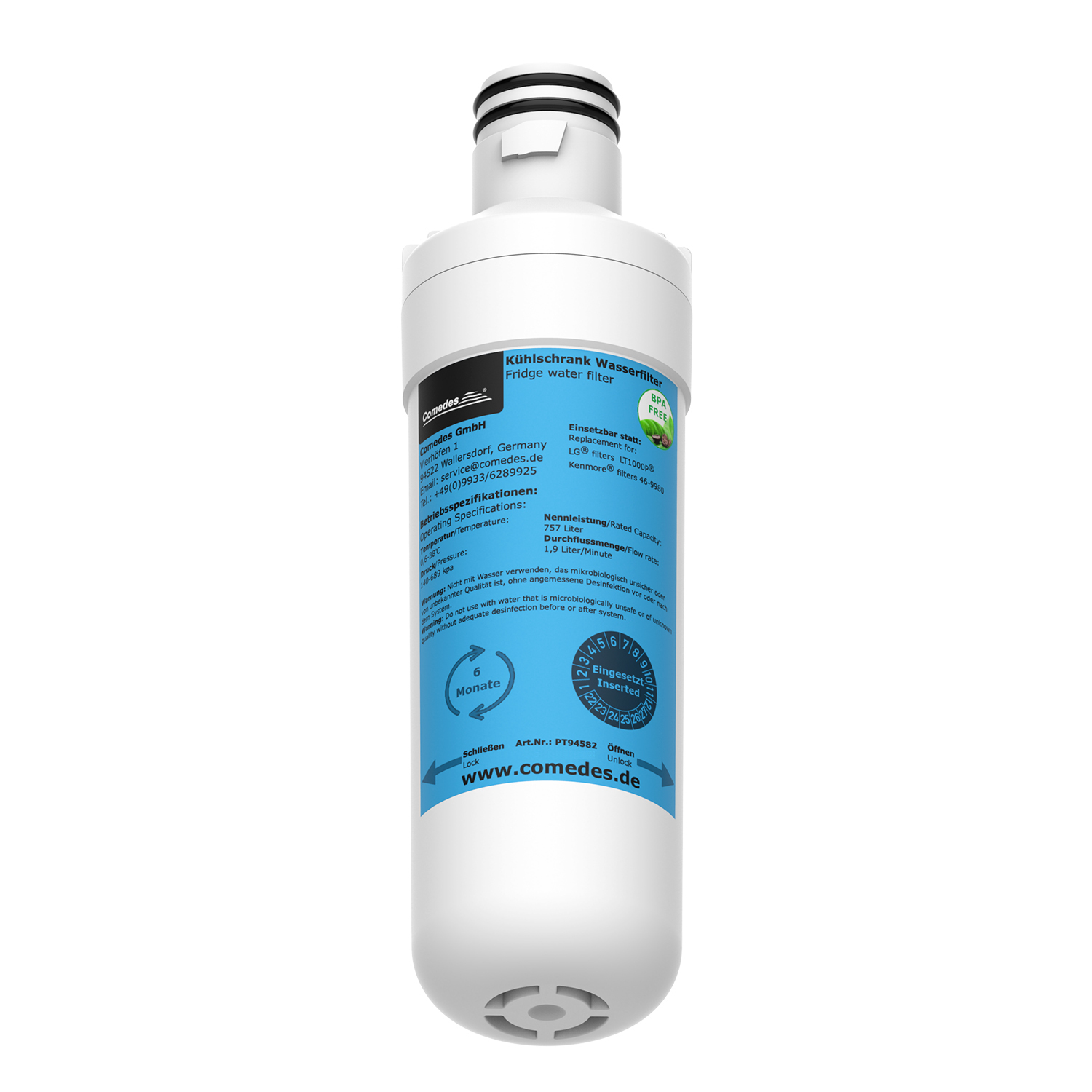 Wasserfilterkartusche mit Produktdetails und einem Aufkleber.