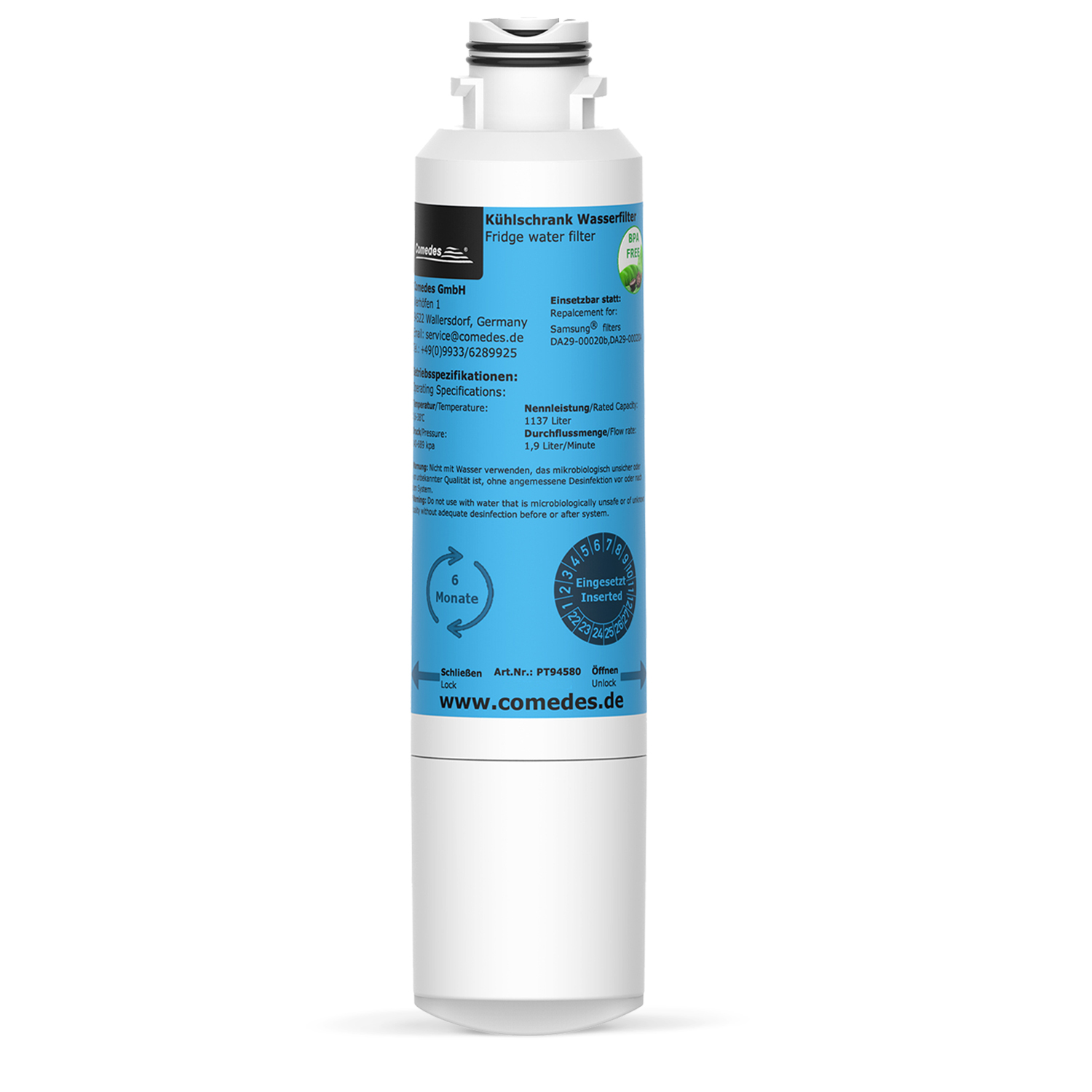 Weißer Kühlschrank-Wasserfilter mit Text darauf.