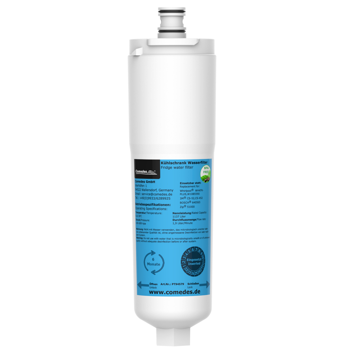 Weißer Wasserfilter mit Text. BPA-freies Etikett. Blaues und weißes Farbschema.