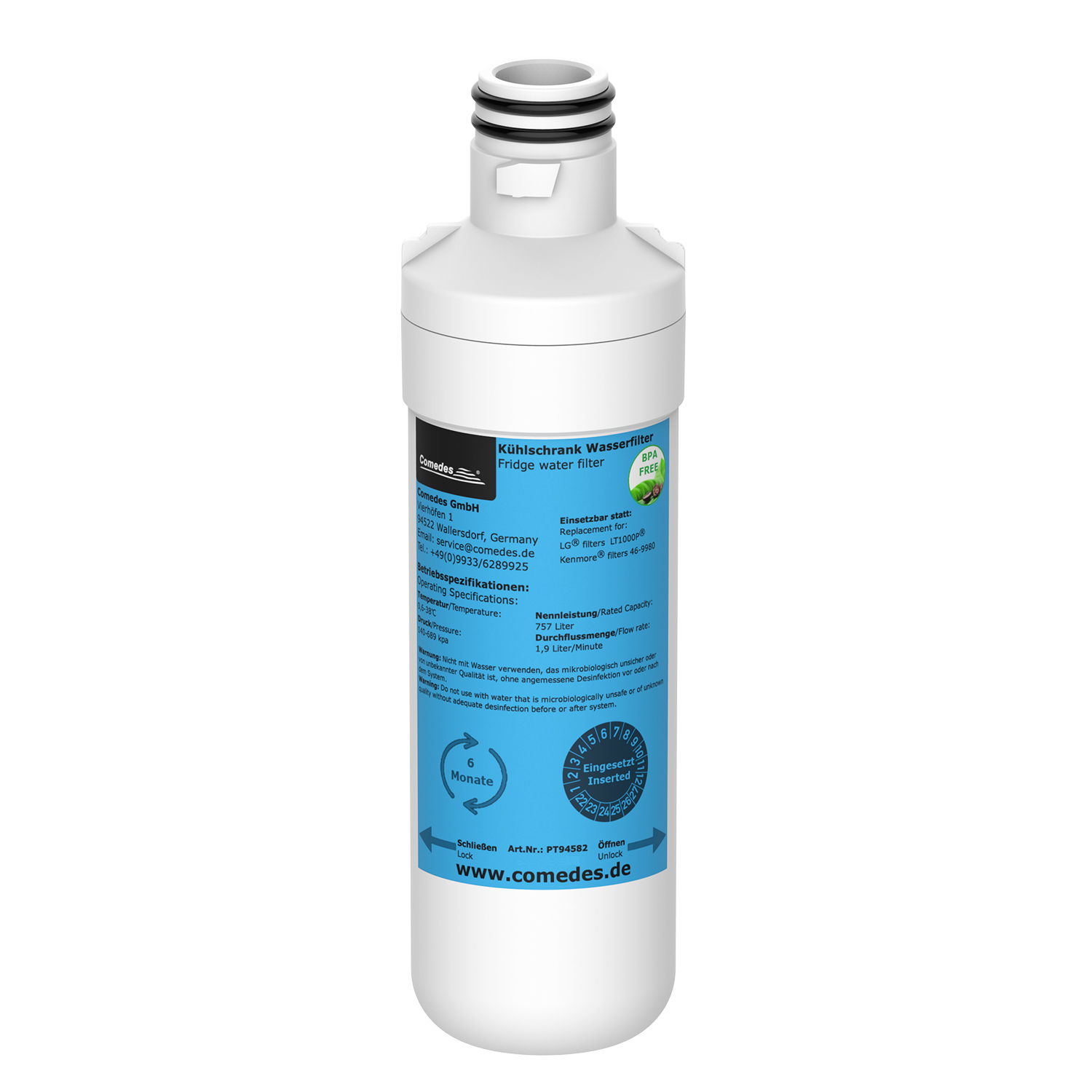 Weiße Wasserfilterflasche mit Text und grünem Etikett, Produktdetails.