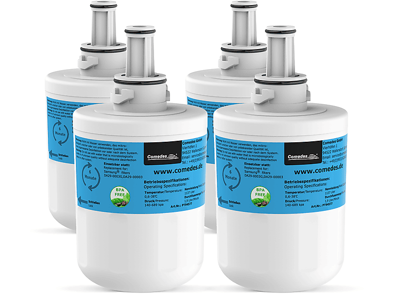 COMEDES 4er Set Comedes Wasserfilter passend für Samsung Kühlschränke Filterkartusche (78 mm)