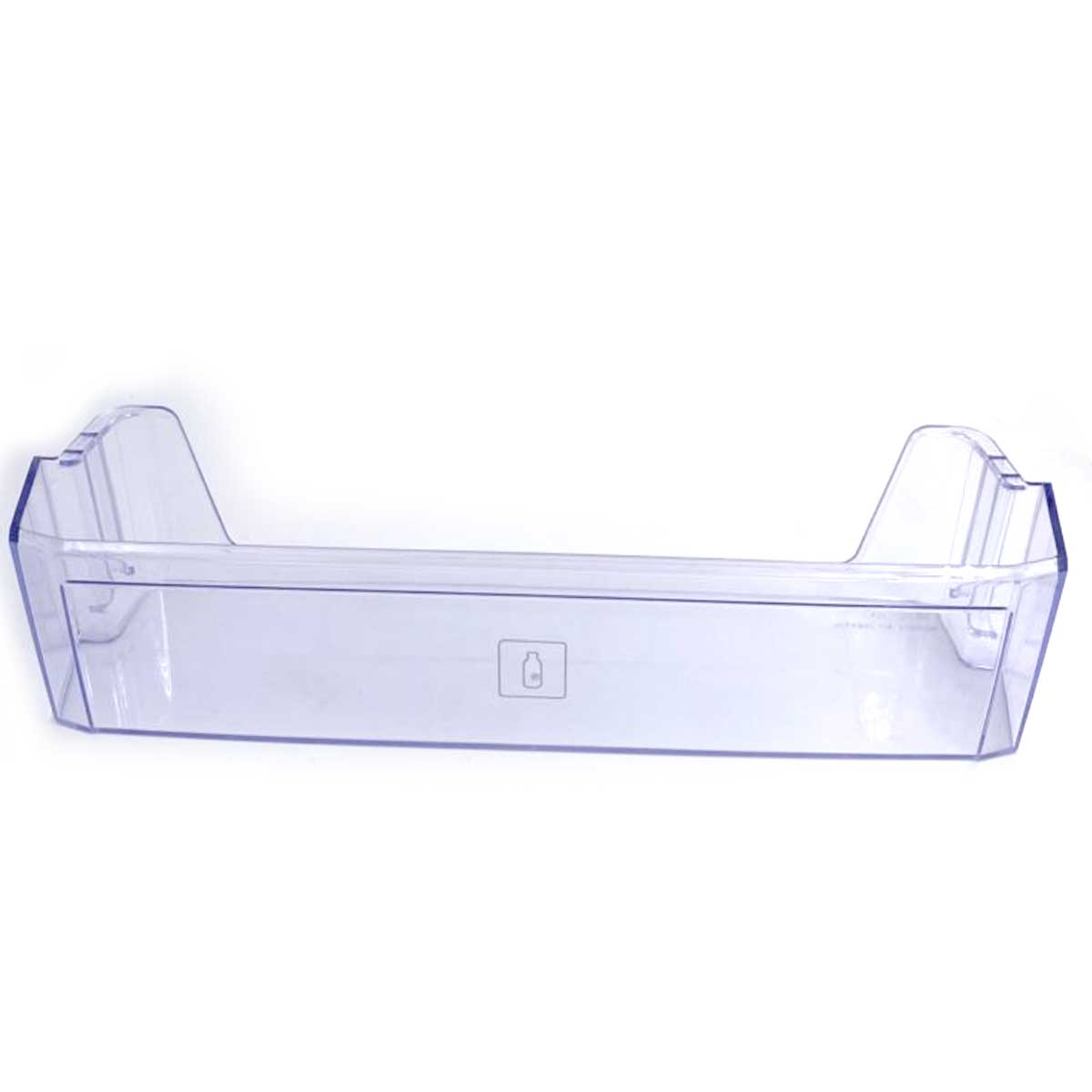 Estante de refrigerador de plástico transparente con un símbolo de botella sobre fondo blanco.