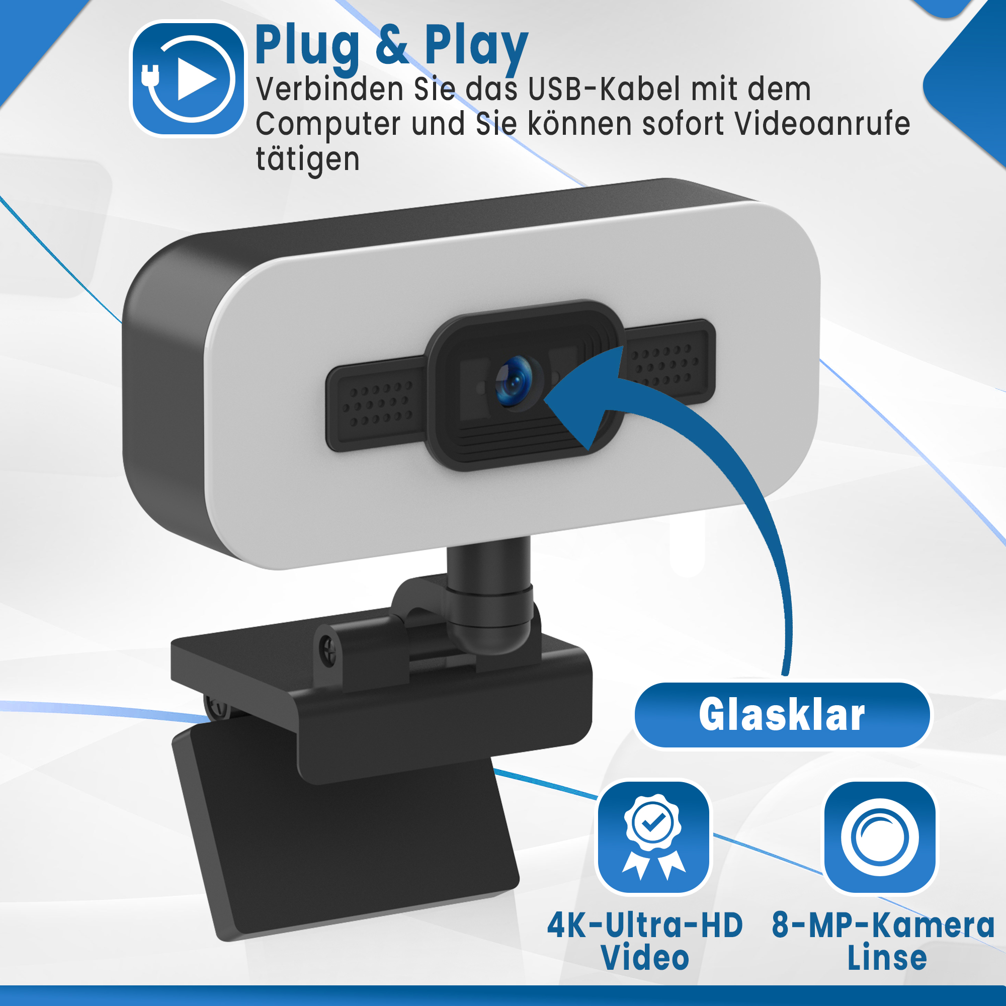 Webcam mit weißen und schwarzen Akzenten, Kabel und Symbolen für Funktionen: 4K, 8MP.