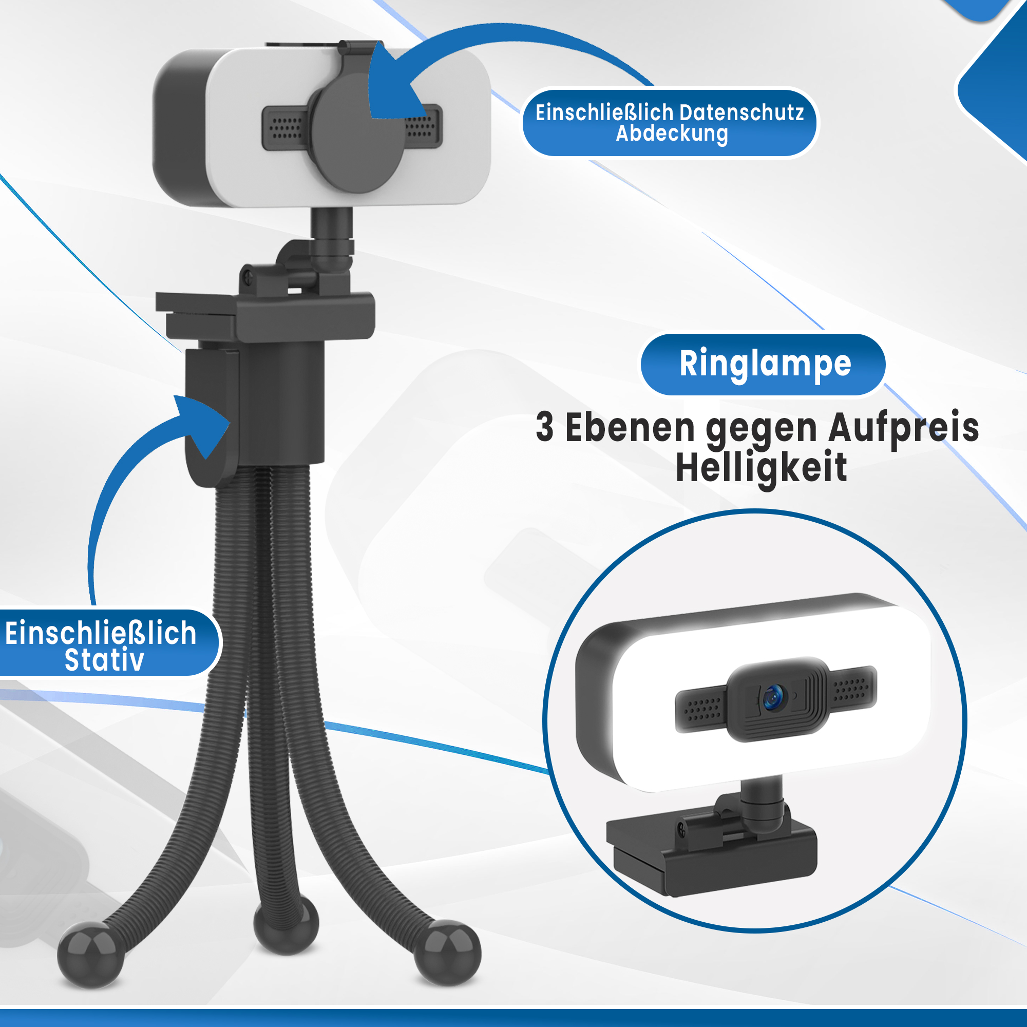 Webcam mit Sichtschutz und Ringlicht, zusammen mit einem Stativ.