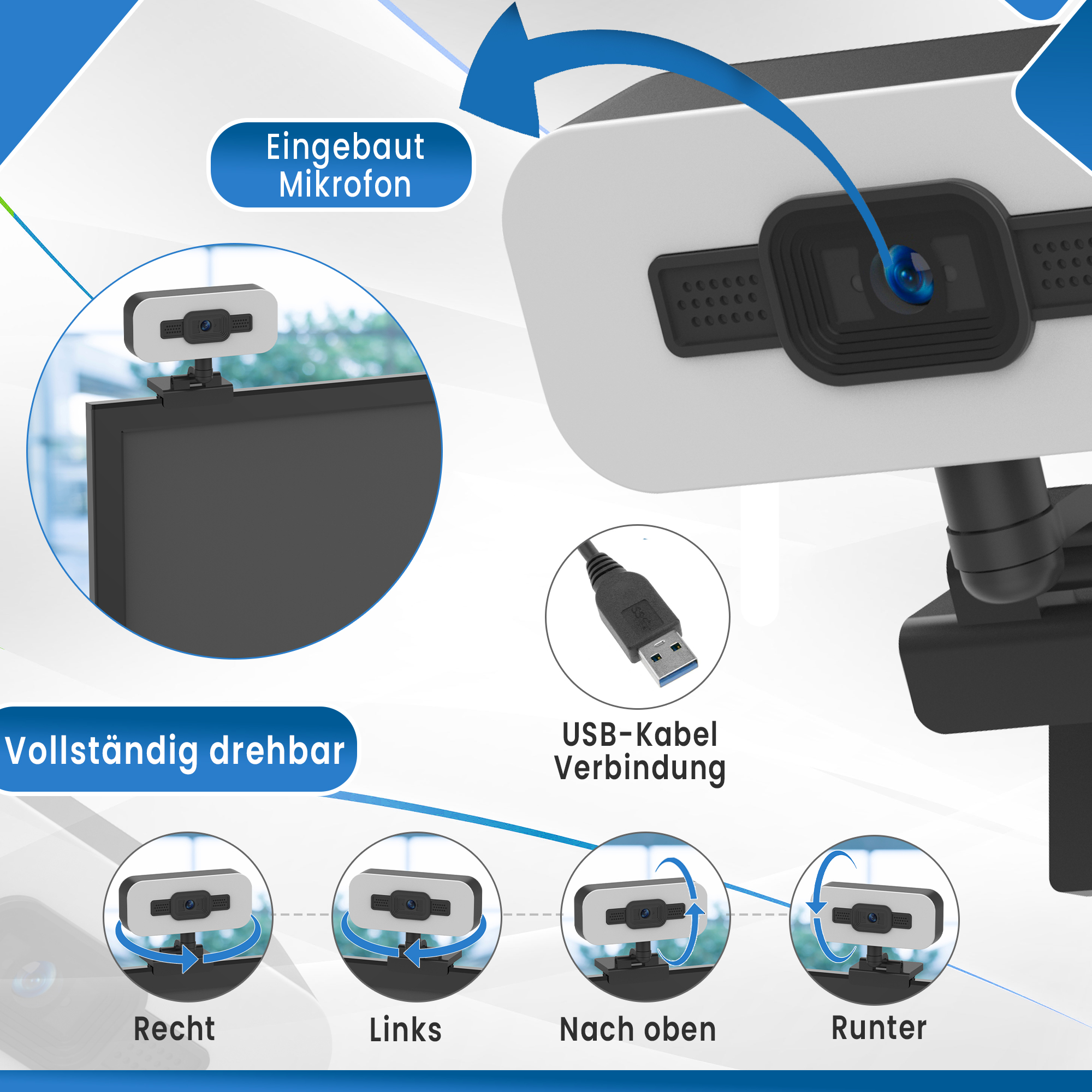 Webcam mit eingebautem Mikrofon, Pfeilen, die die Drehung zeigen, und USB-Anschluss.