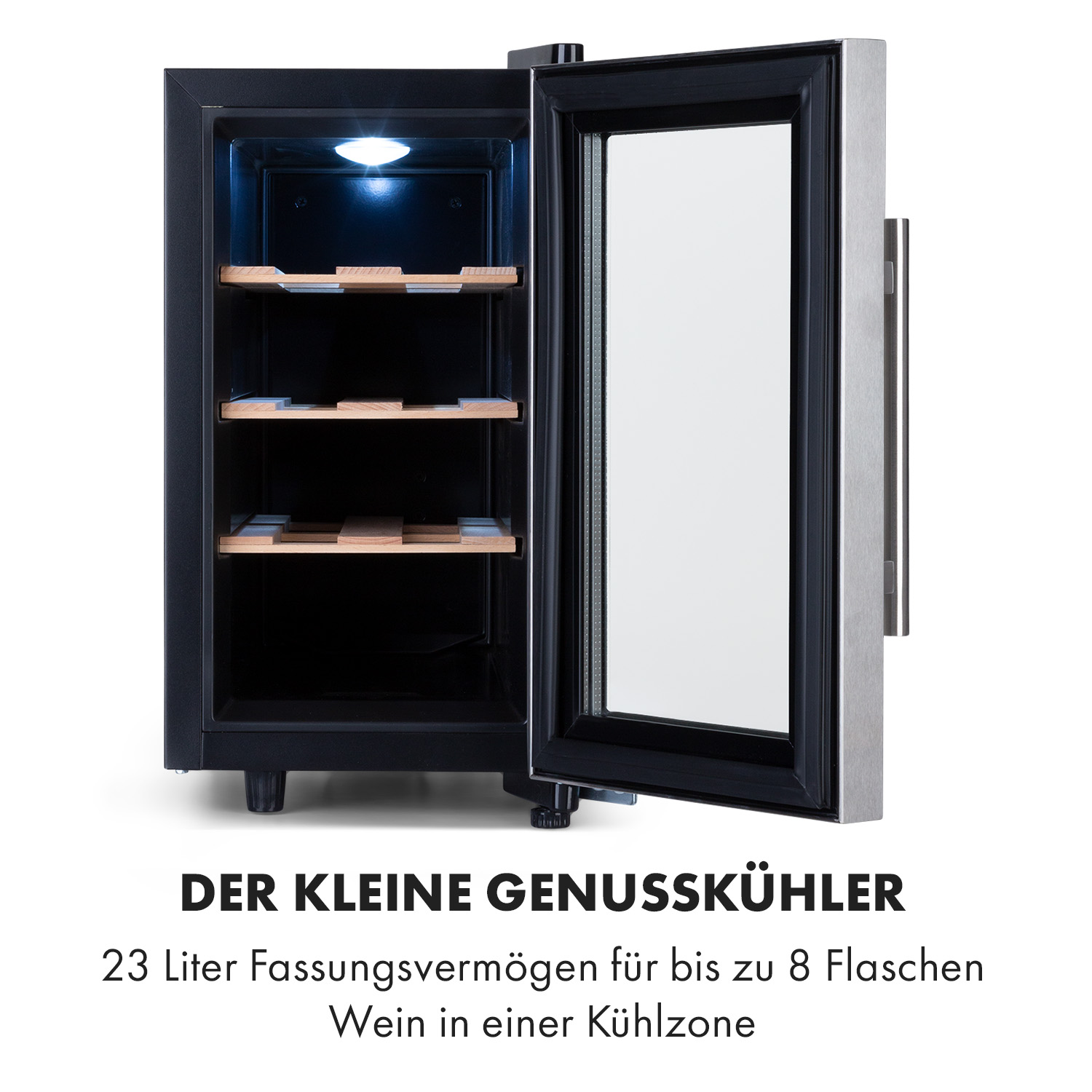 Kleiner Weinkühler mit offener Tür. Innenraum mit Regalen. Text unten.