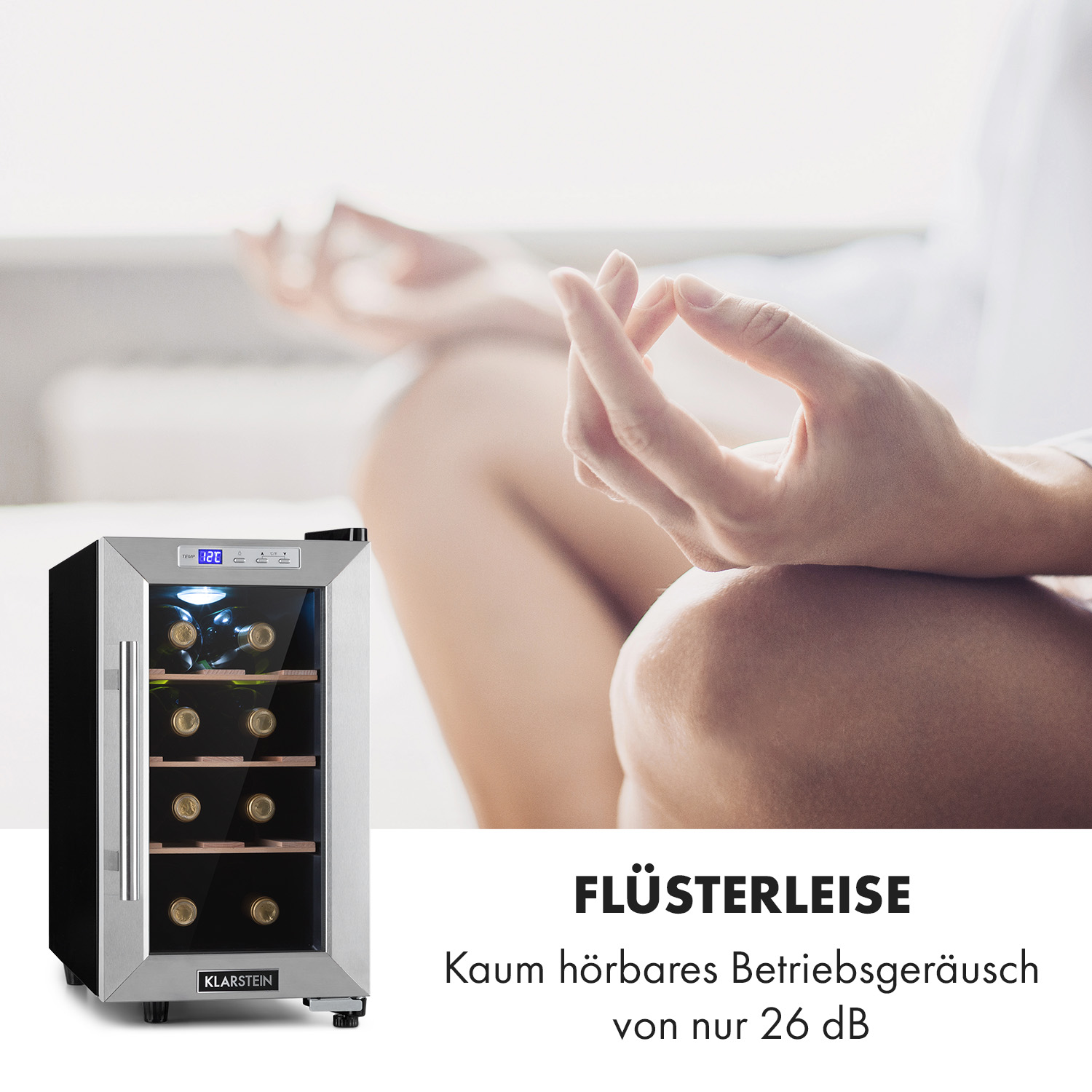 Weinkühler mit Flaschen, im Hintergrund meditiert eine Person.