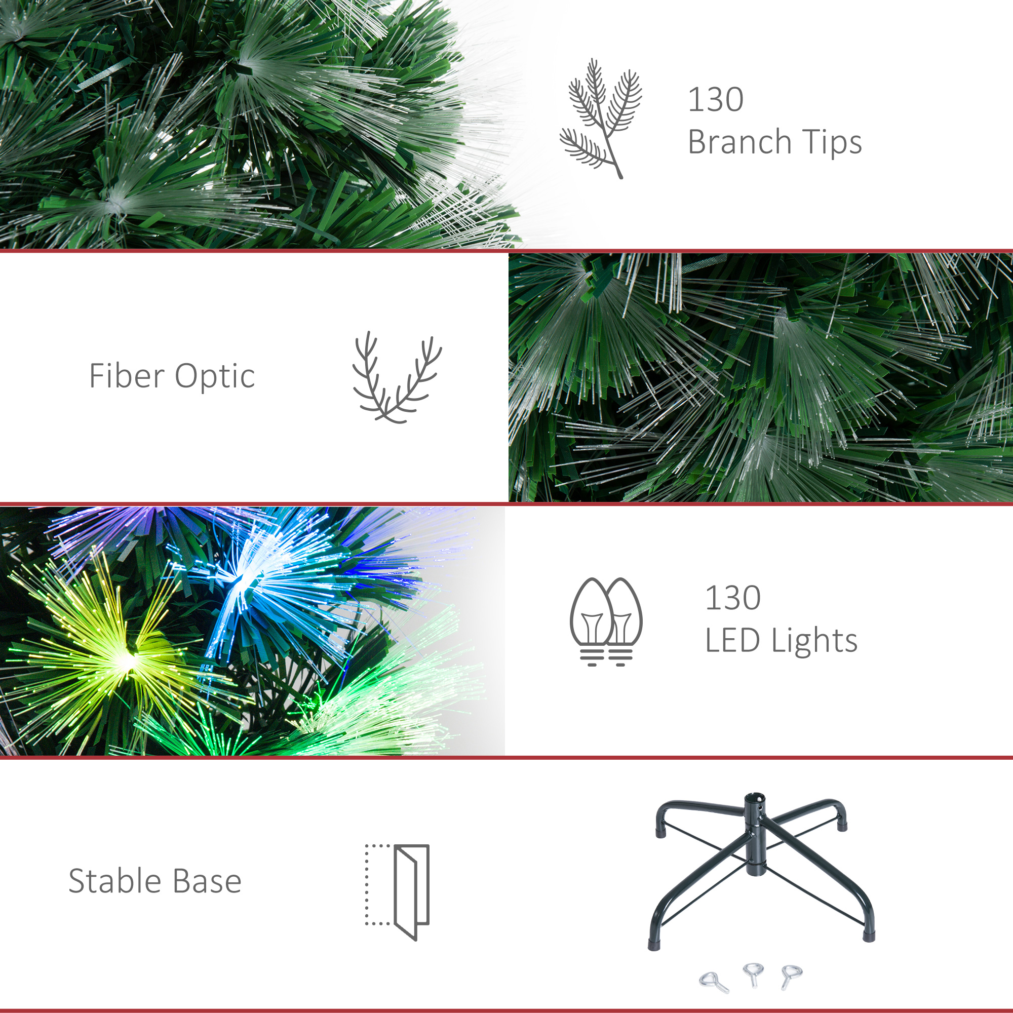 Collage de un árbol de Navidad de fibra óptica que muestra detalles: puntas de ramas, fibra óptica, luces LED y base estable.