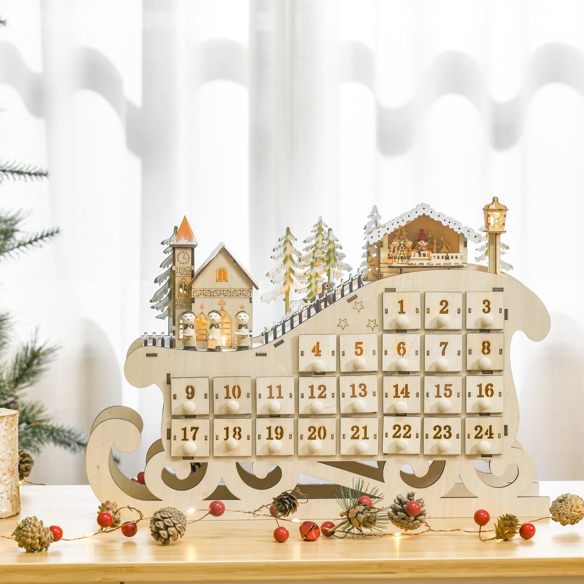 Calendario de adviento navideño de madera con luces, decoraciones y números.