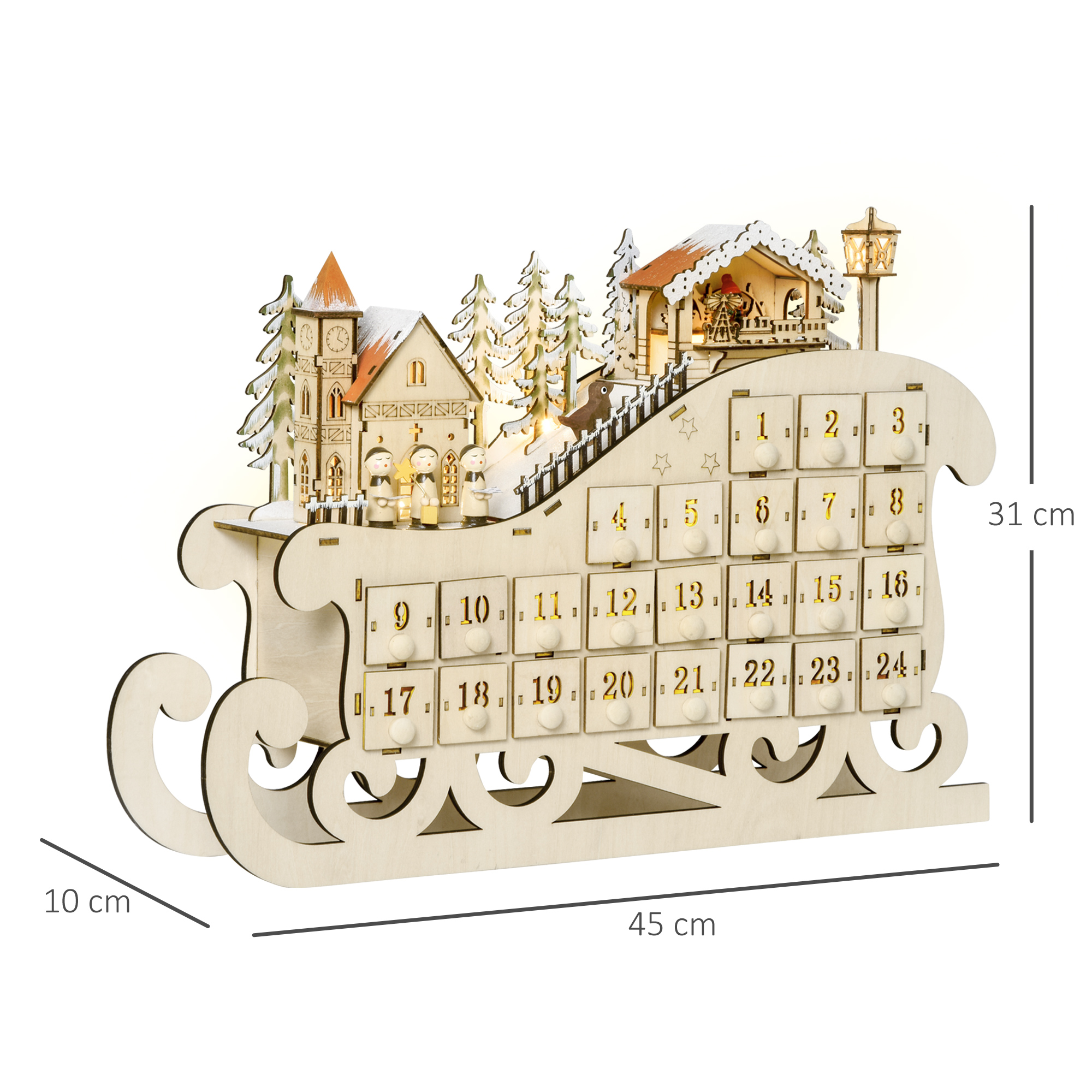 Un calendario de adviento navideño de madera con forma de trineo con puertas numeradas.