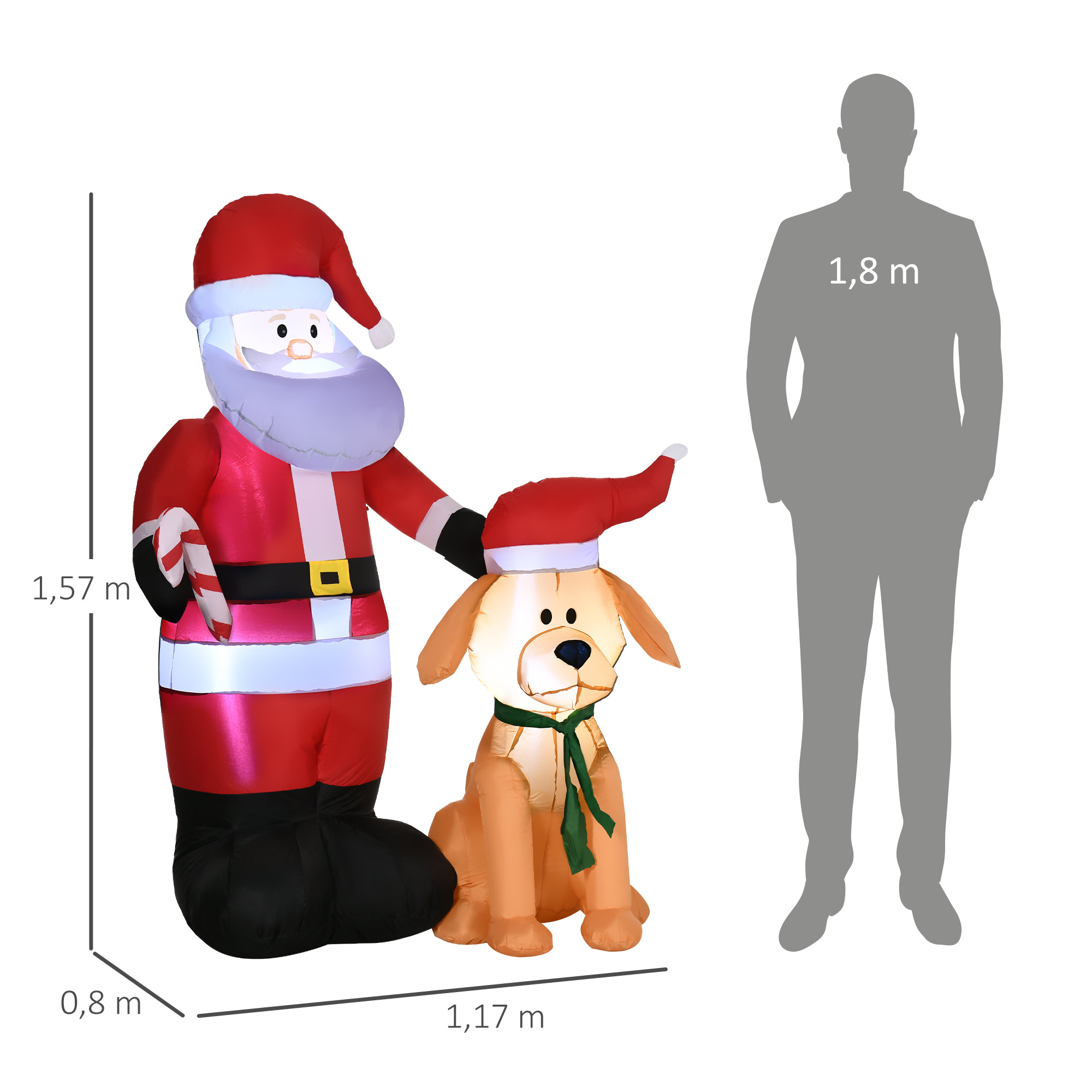 Papá Noel y perro inflables. Papá Noel viste de rojo y negro. Perro con bufanda verde y gorro rojo.