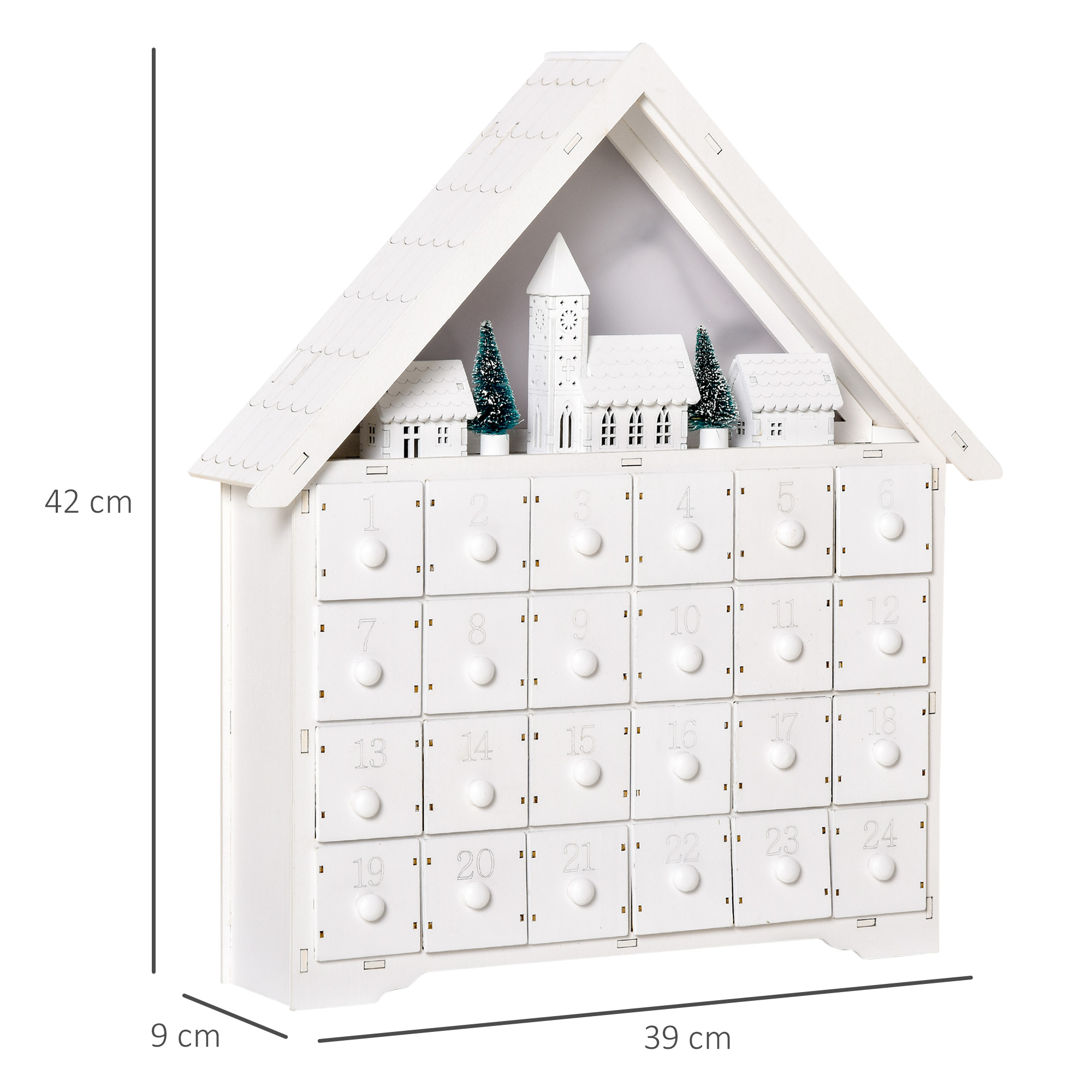 Un calendario de adviento blanco con forma de casa con 24 cajones numerados.