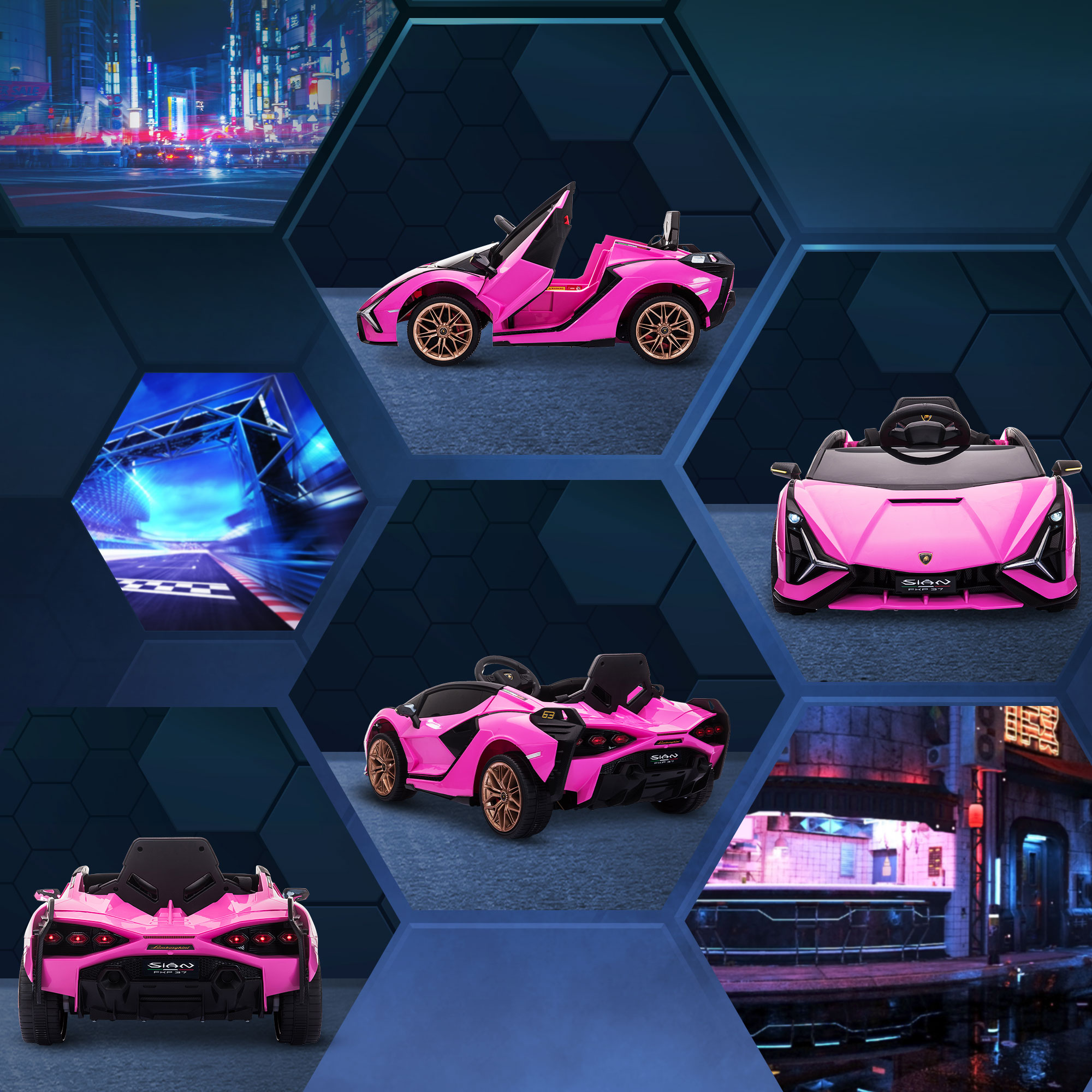 Coche de juguete rosa en diferentes vistas, sobre fondo azul con ciudad.