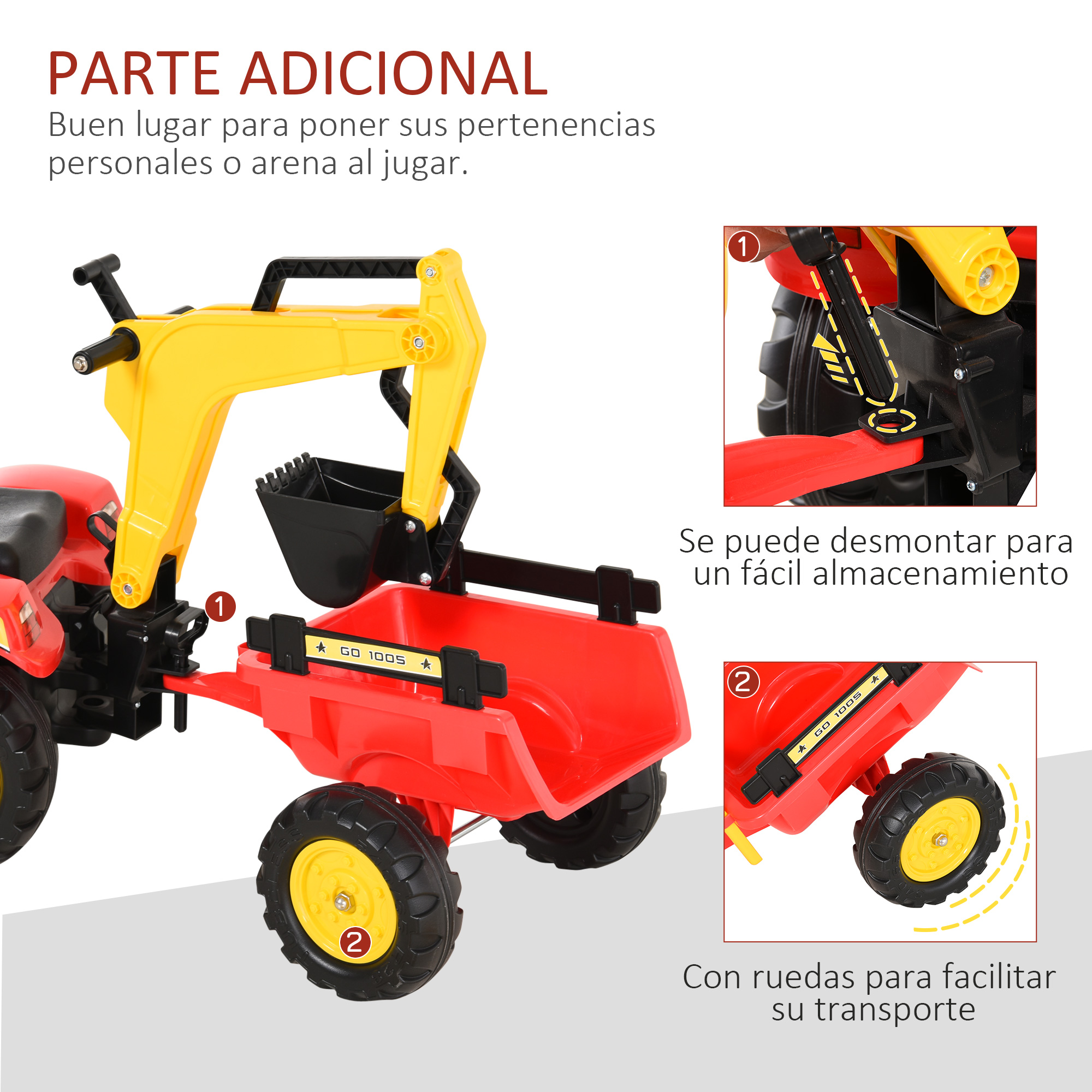 Tractor de juguete rojo y amarillo con remolque, detalles.