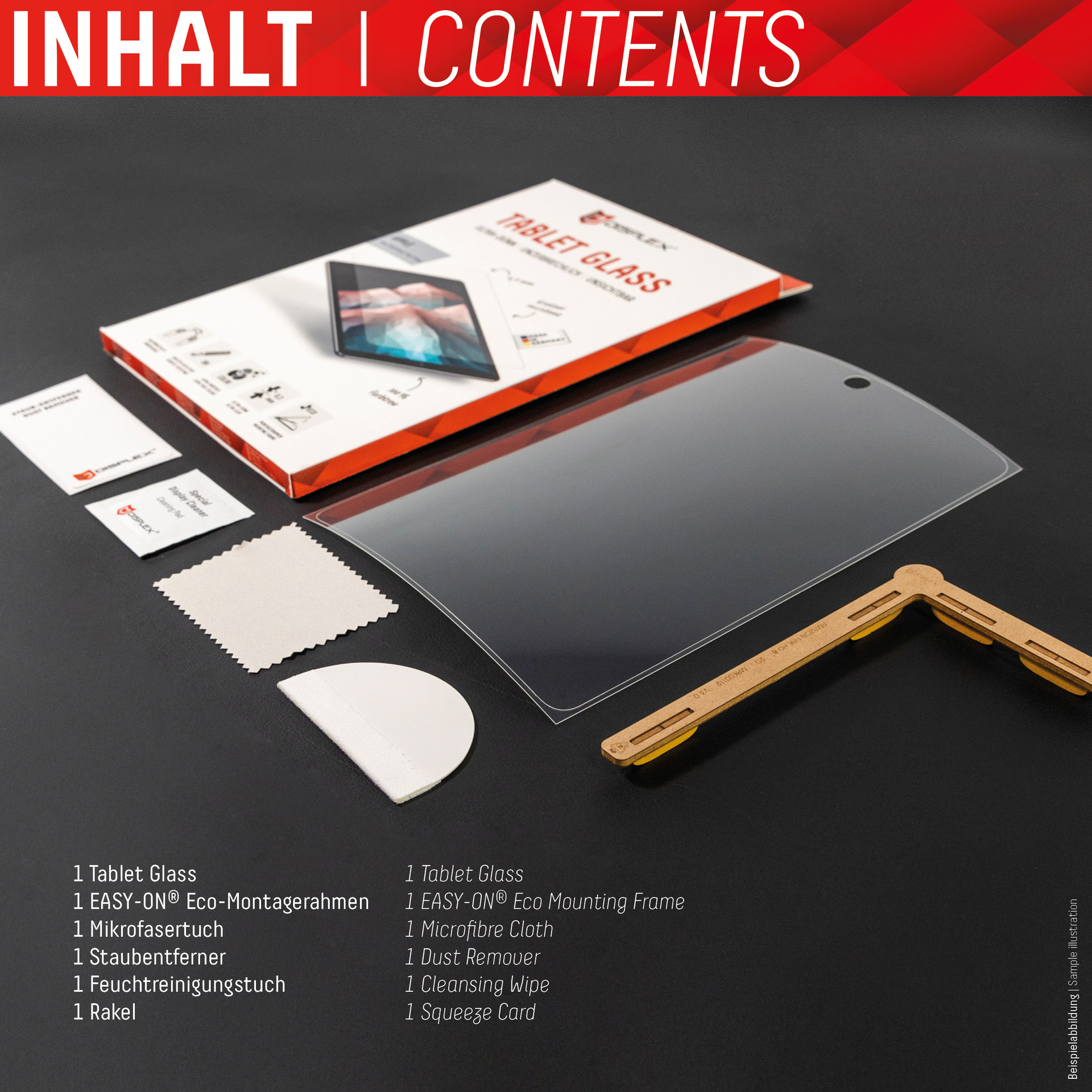 Contenuto di un kit proteggi schermo per tablet. Gli articoli includono schermo, panno e strumenti.