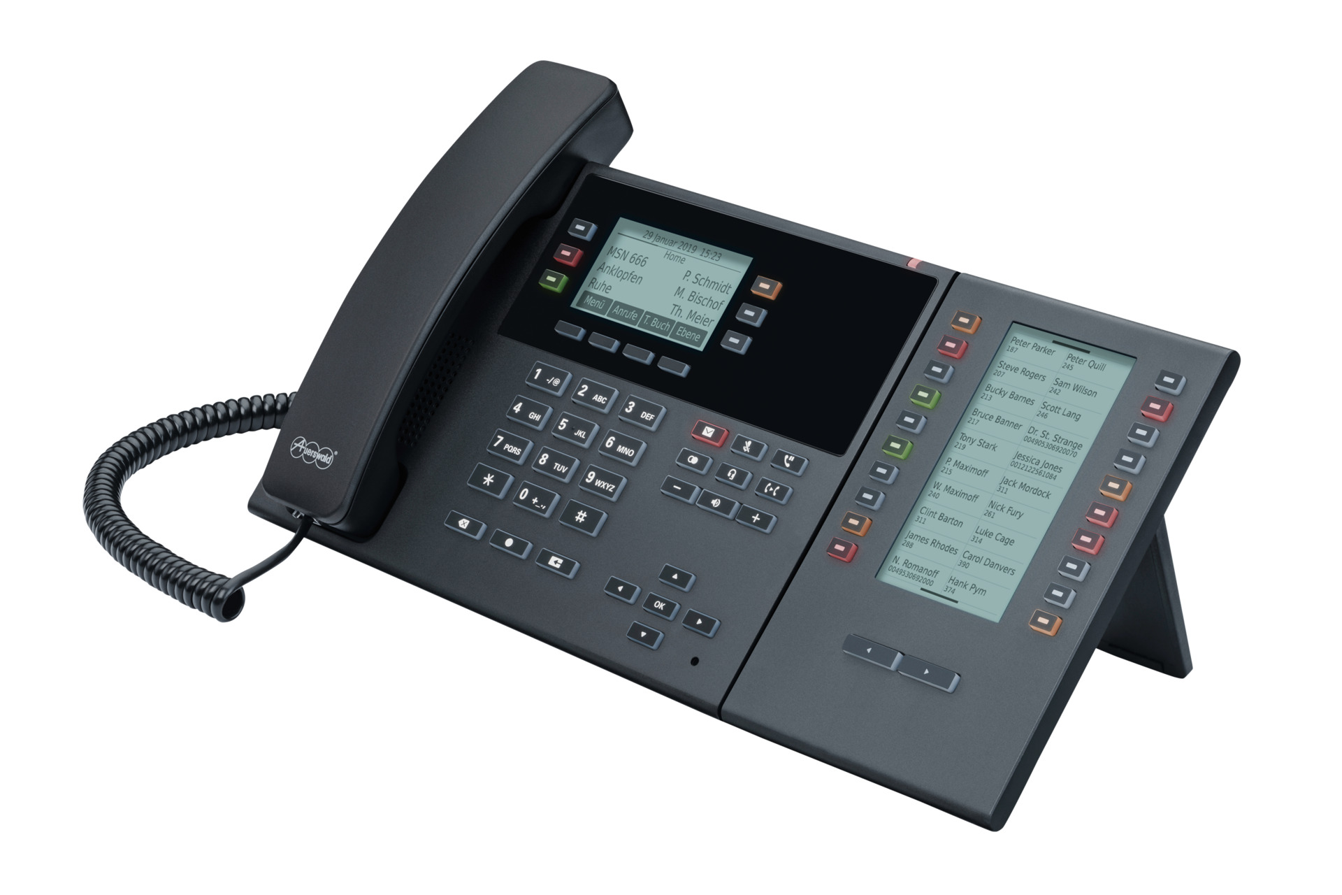 Un telefono da ufficio nero con più pulsanti, schermi e una cornetta. Il telefono è su un supporto.