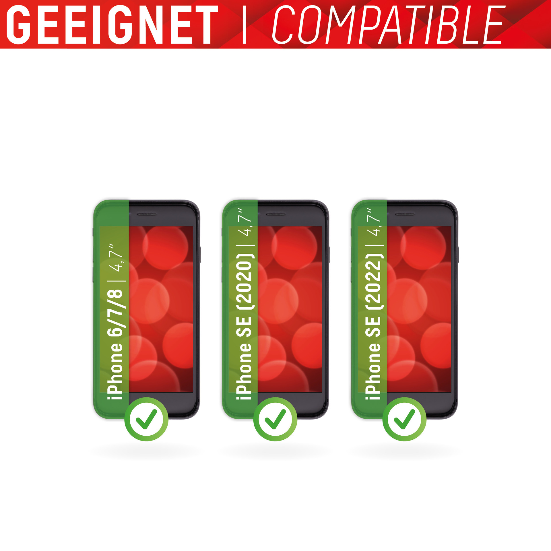 Immagine di tre telefoni, iPhone 6/7/8, SE (2020) e SE (2022). Ogni telefono ha un segno di spunta verde.