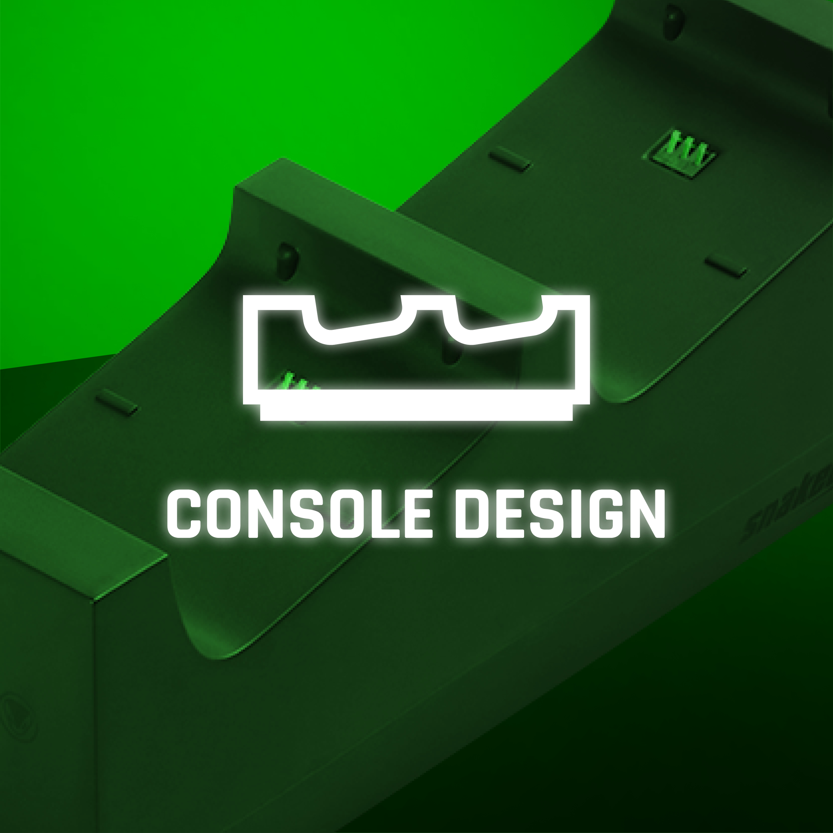 Grafikdesign für die grüne Konsole mit weißer Kontur und dem Text 'CONSOLE DESIGN'.