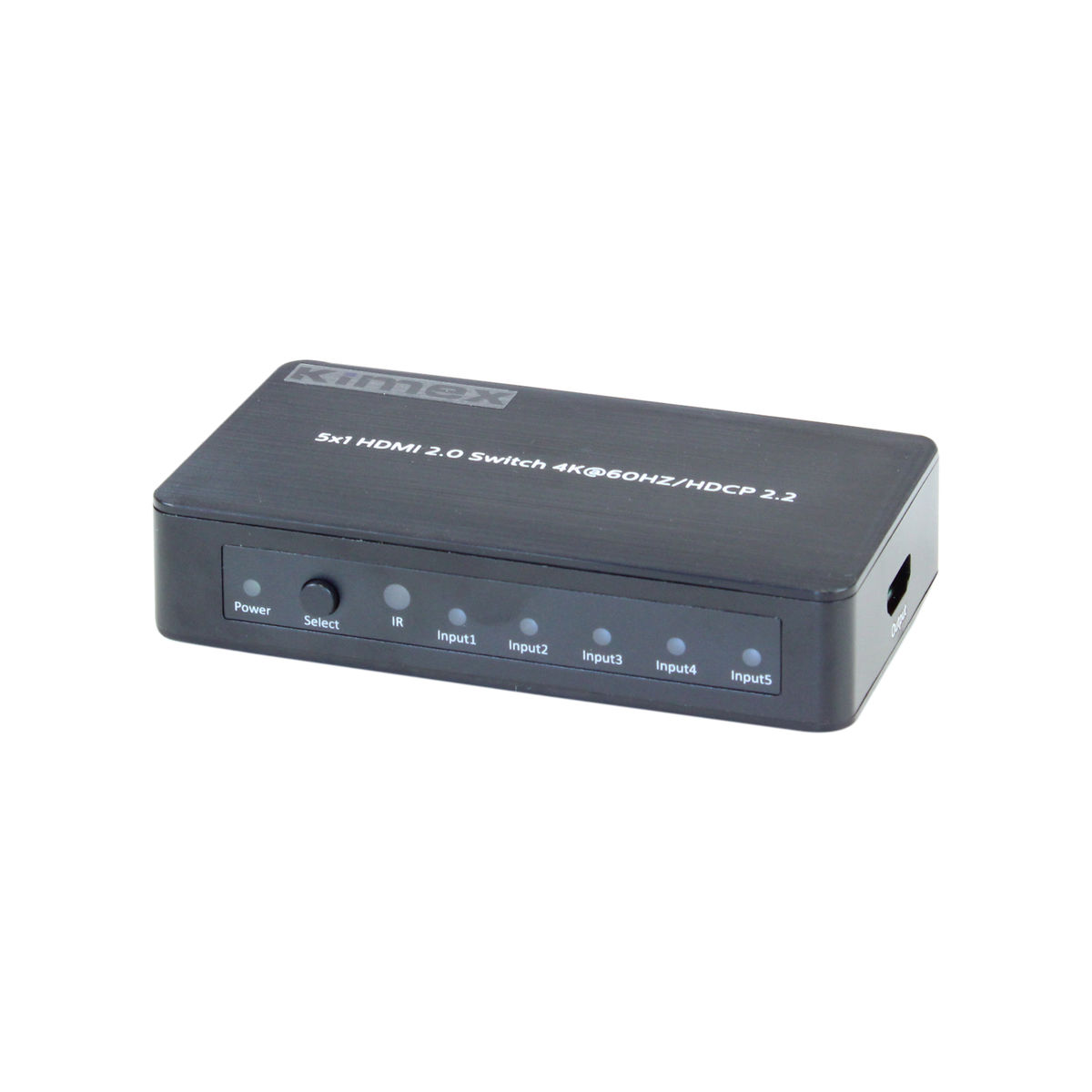 Conmutador HDMI negro con botones y entradas etiquetadas, aislado sobre blanco.