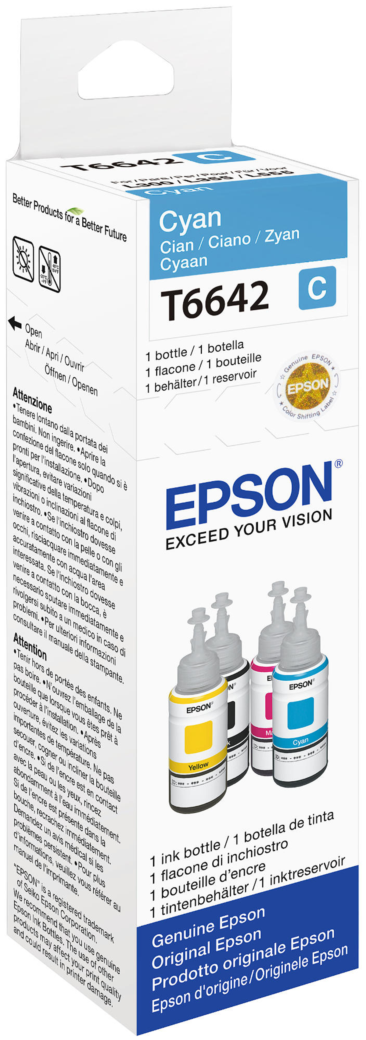 Pudełko z wkładem atramentowym Epson Cyan, z tekstem w wielu językach.