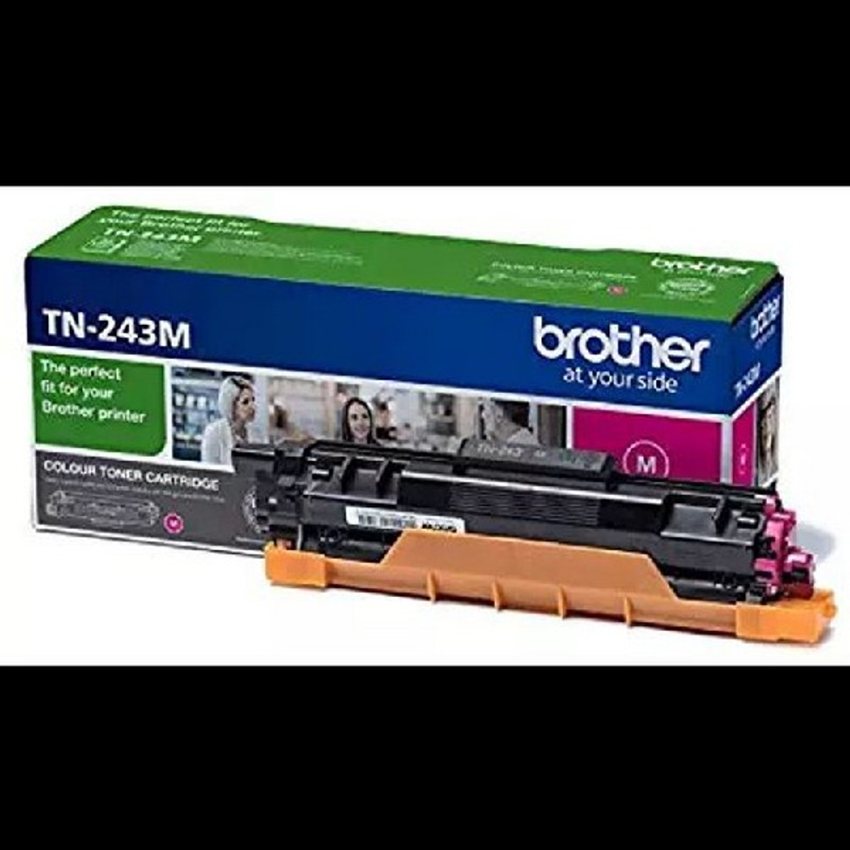 Brother printer toner cartridge in a box. The cartridge is black and orange.