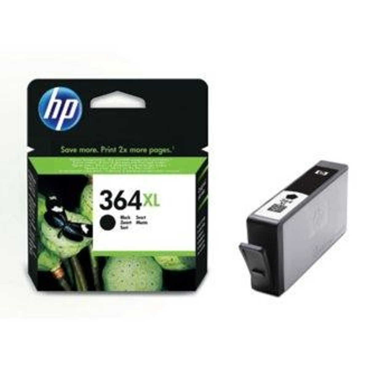 HP 364XL ink cartridge and packaging with green lotus pods.