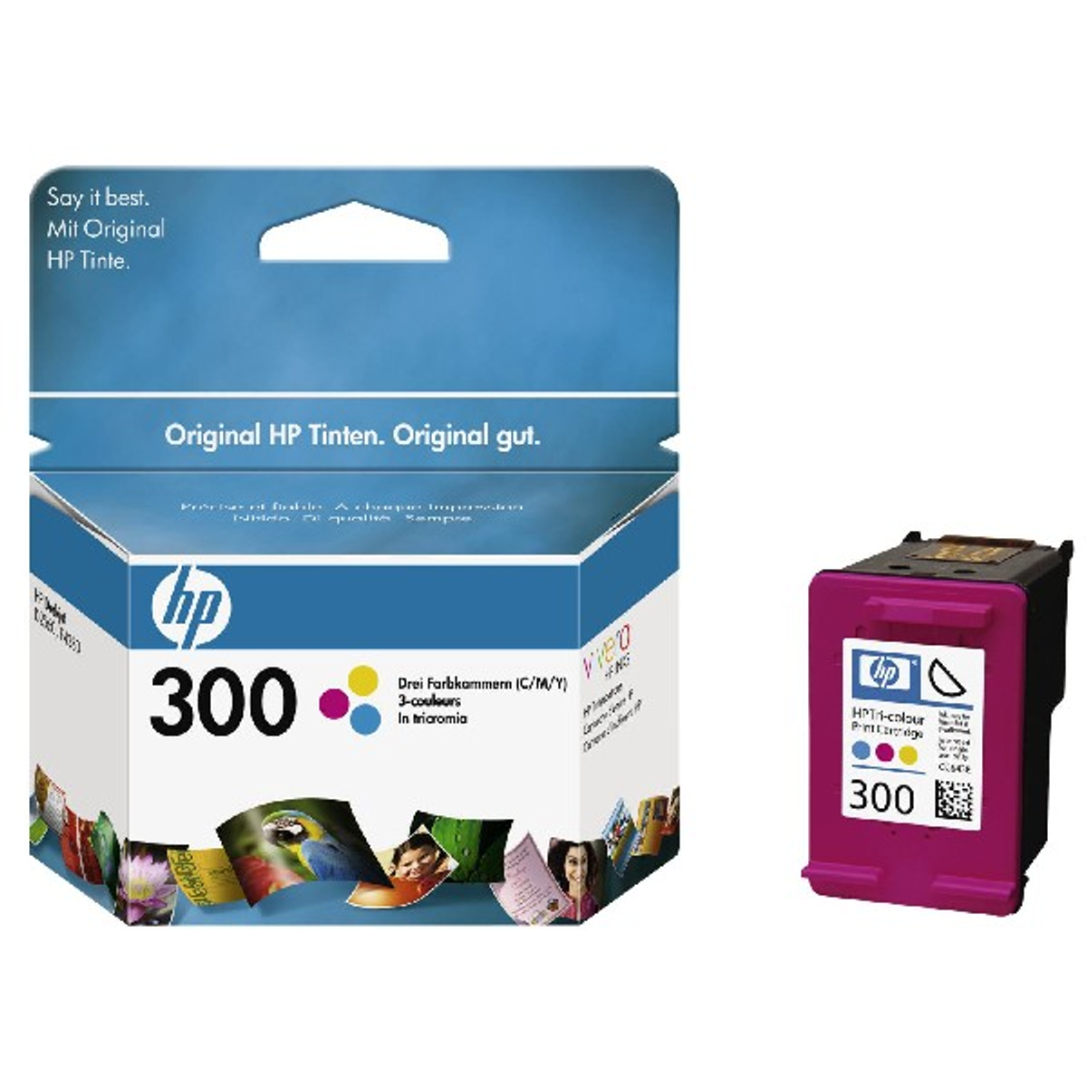 Cartucho de tinta HP 300, magenta, con embalaje y cartucho al lado.