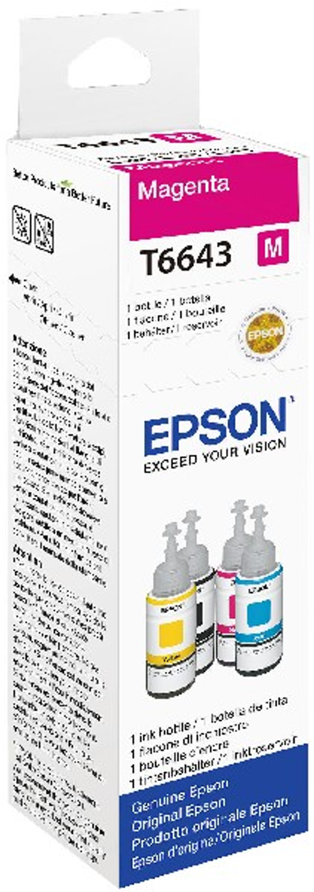 Butelka z tuszem magenta Epson T6643 w opakowaniu detalicznym, pokazująca butelkę i markę.