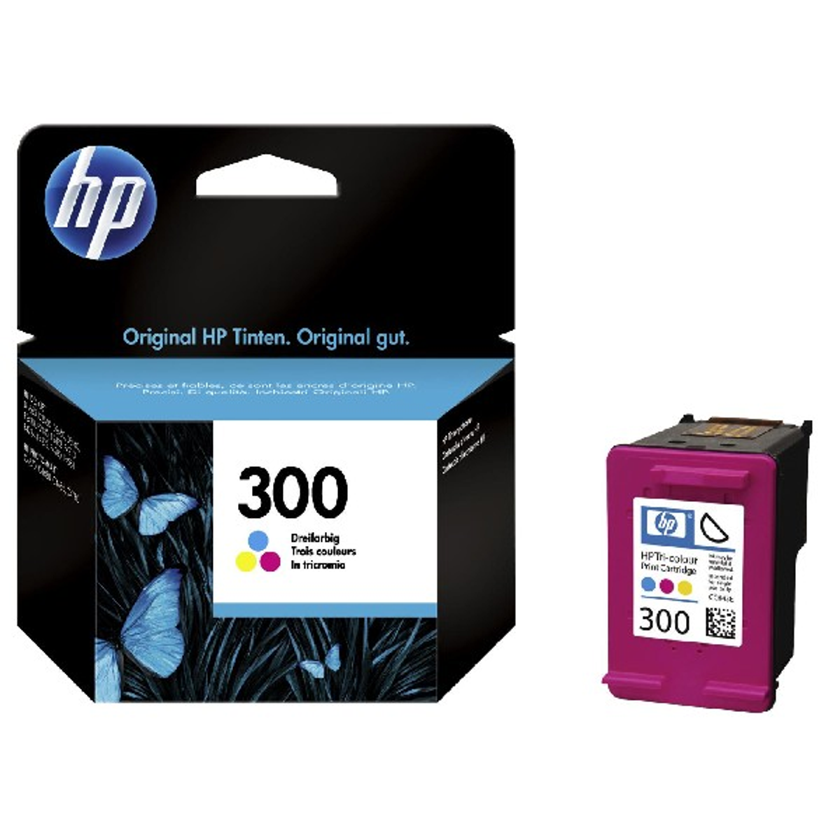 Cartucho de tinta HP 300, original, con motivo de mariposa en el embalaje.