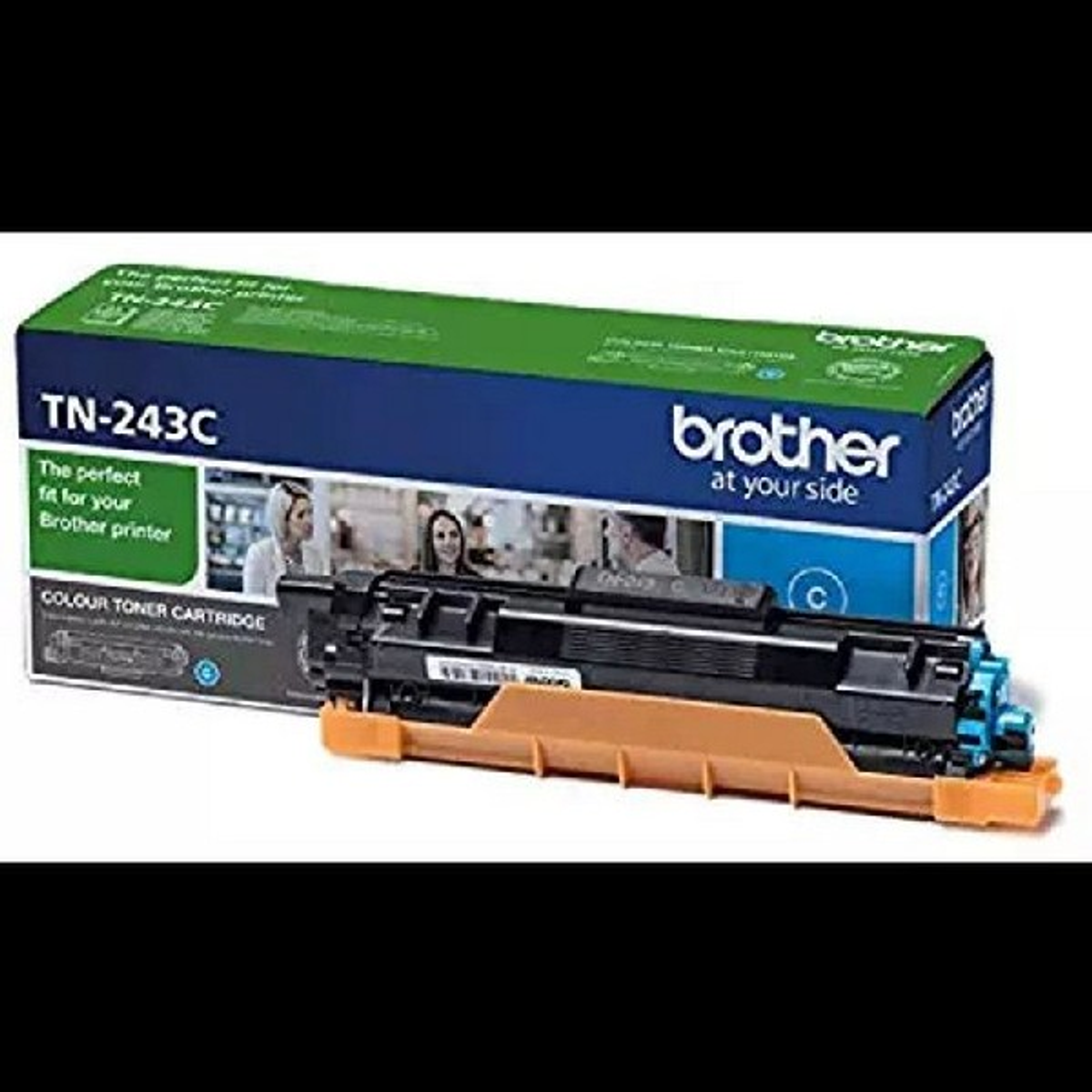 Brother TN-243C toner cartridge in a box. Green and blue packaging. Toner is orange and black.
