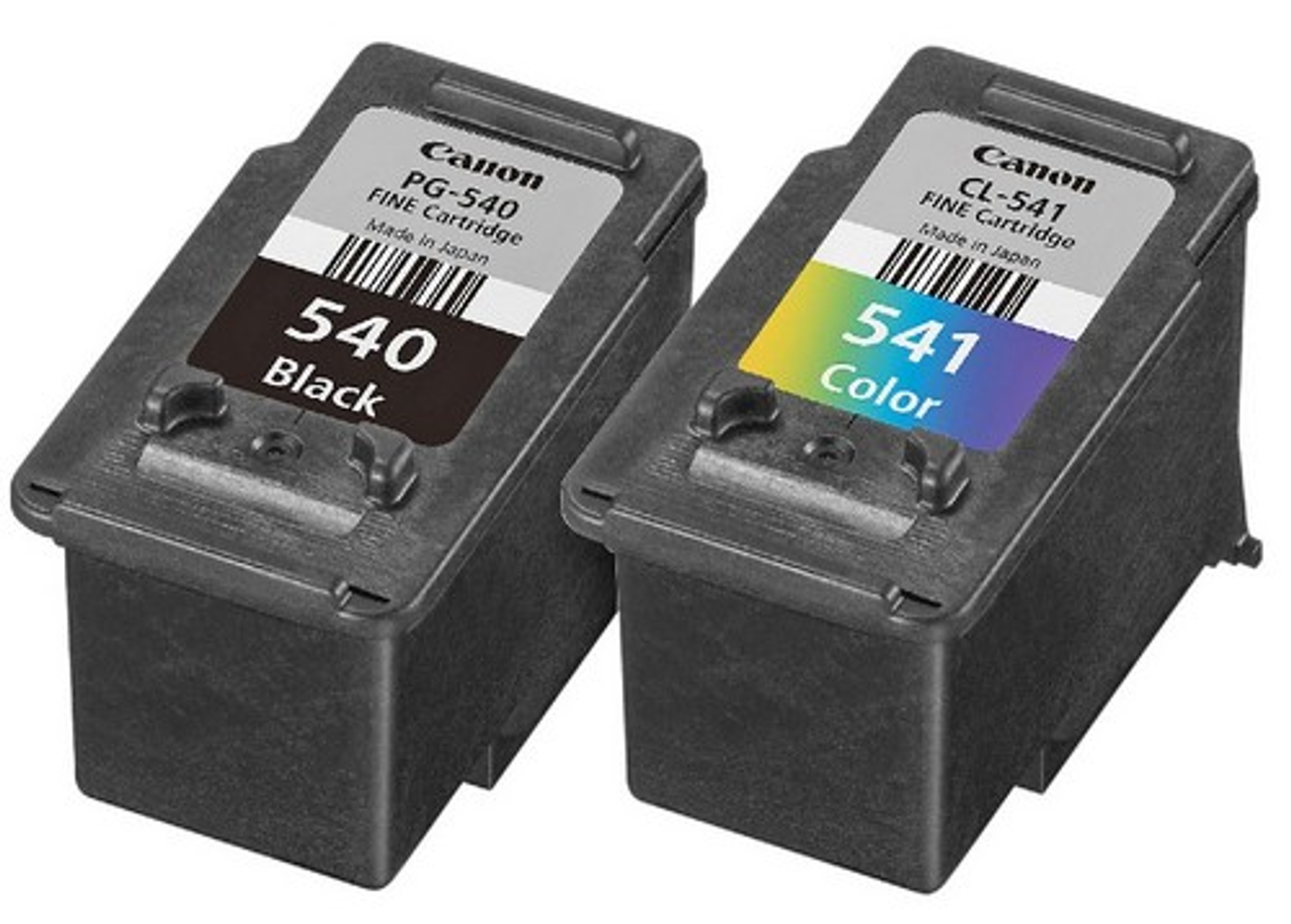 Zwei Canon Tintenpatronen: schwarz PG-540 und farbig CL-541. Beide sind schwarz.